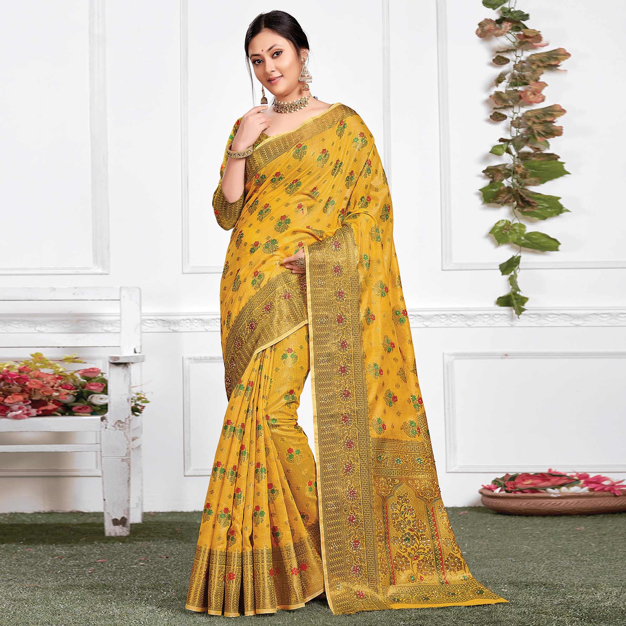 Yellow Festive Wear Woven-Embellished Cotton Saree - Peachmode