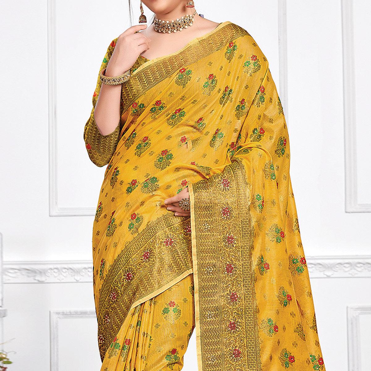Yellow Festive Wear Woven-Embellished Cotton Saree - Peachmode
