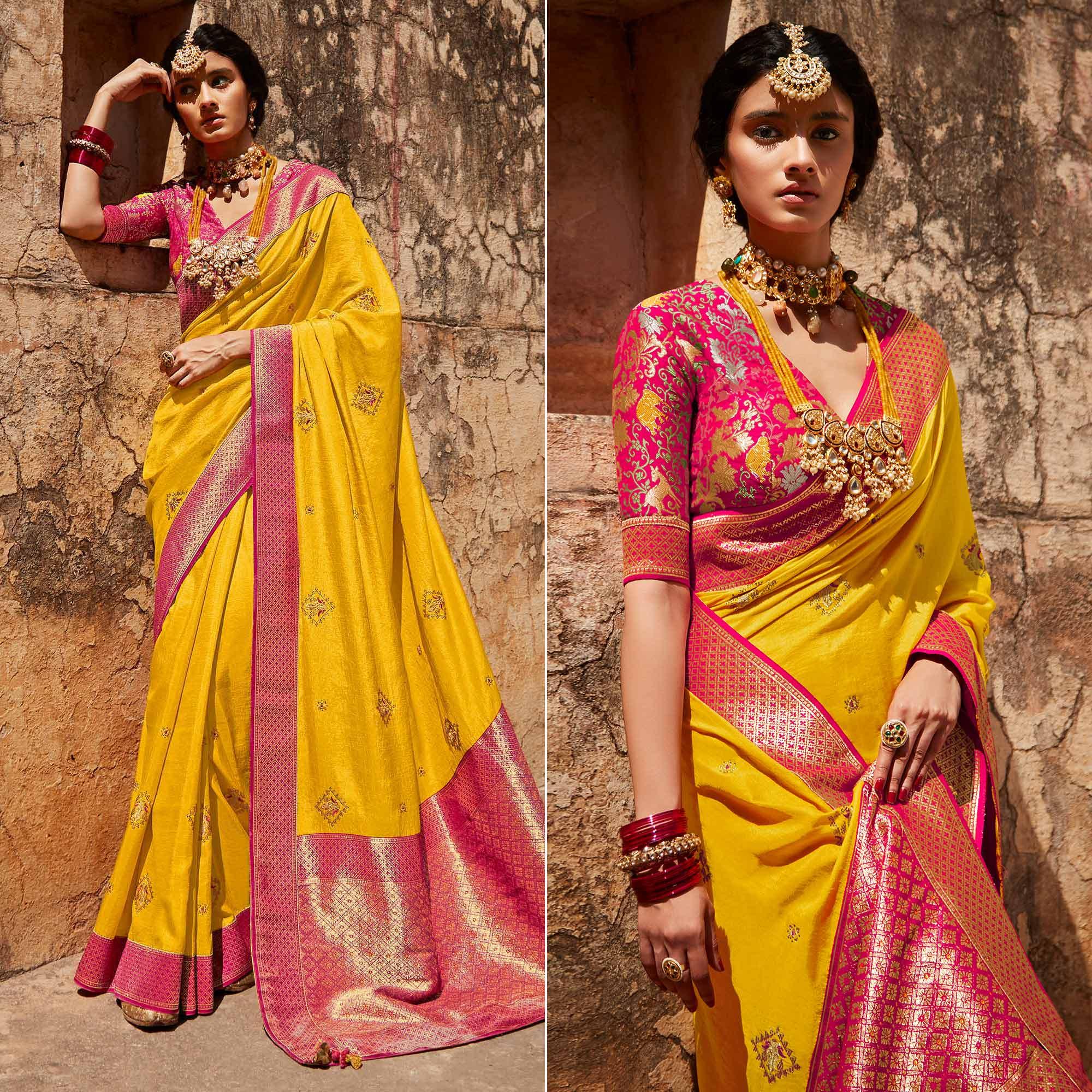 Yellow Festive Wear Woven-Embroidered Silk Saree - Peachmode