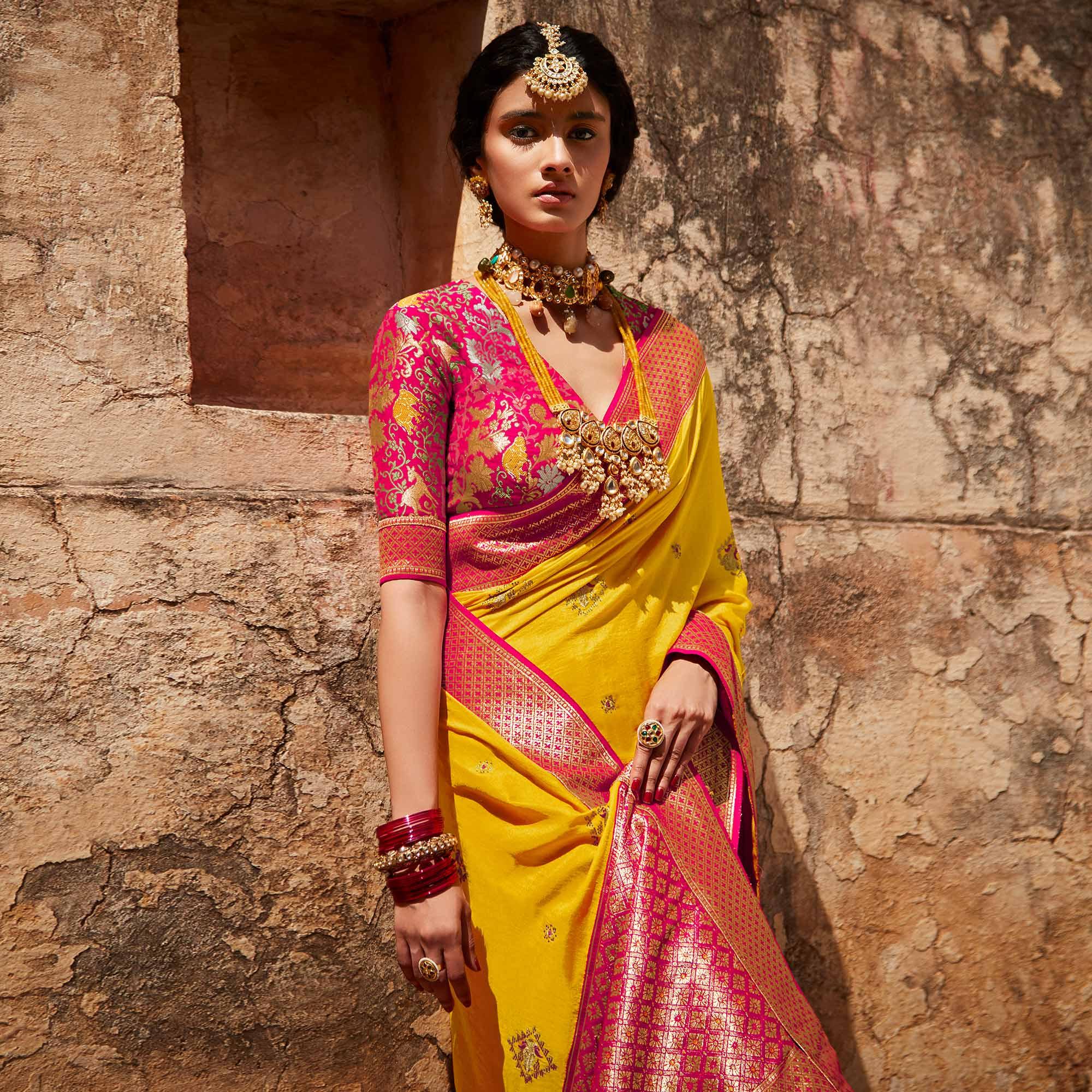 Yellow Festive Wear Woven-Embroidered Silk Saree - Peachmode