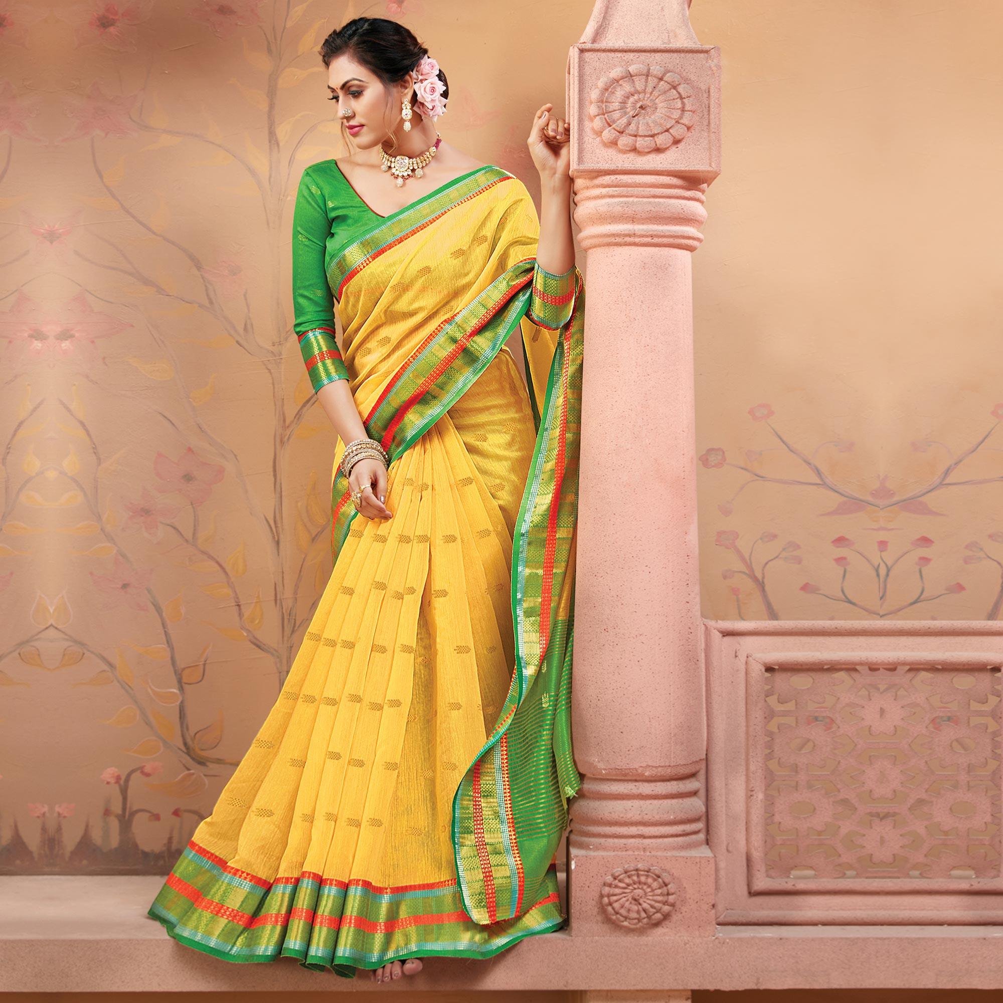 Yellow Festive Wear Woven Handloom Silk Saree - Peachmode