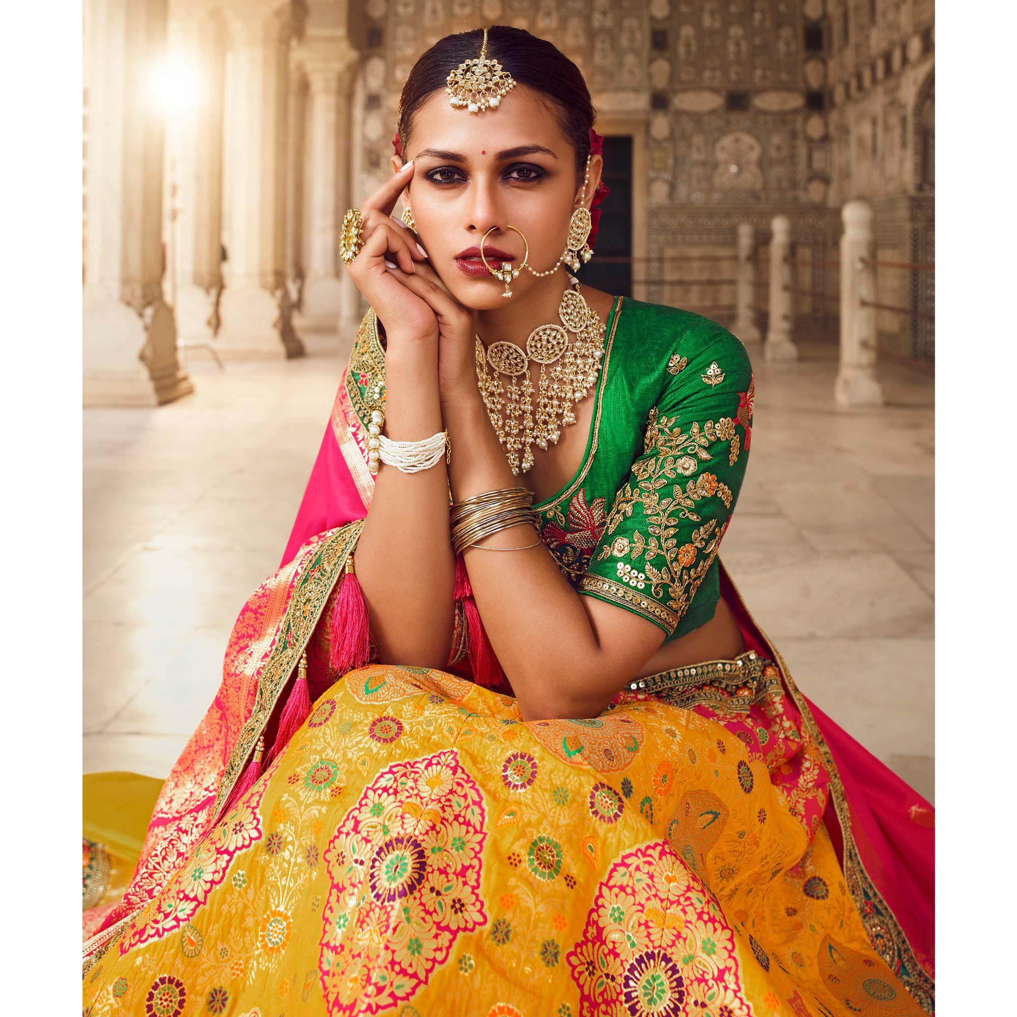 Yellow & Firozi Wedding Wear Woven-Embellished Banarasi Silk Lehenga Choli  - Peachmode