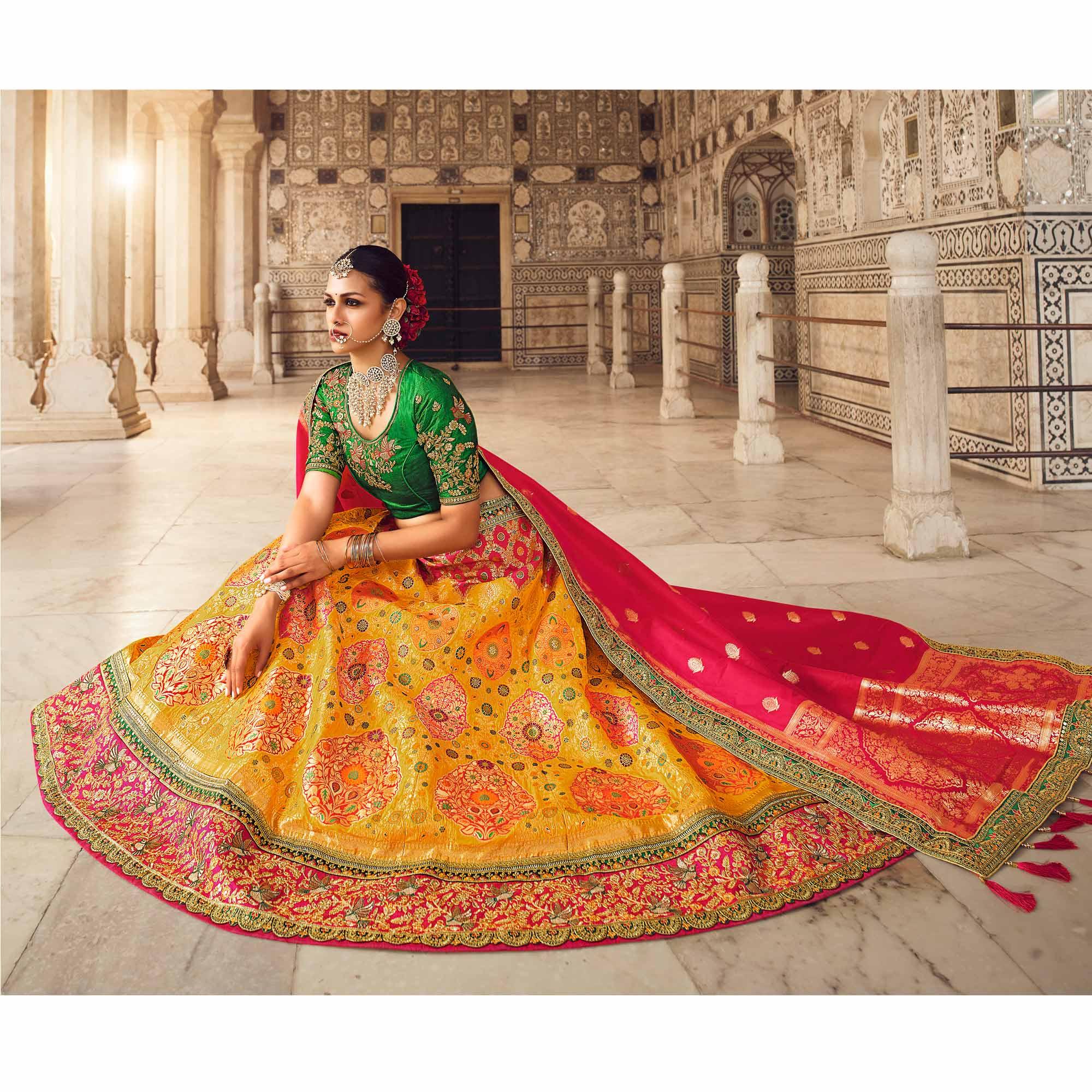 Yellow & Sea Green Wedding Wear Woven-Embellished Banarasi Silk Lehenga  Choli
