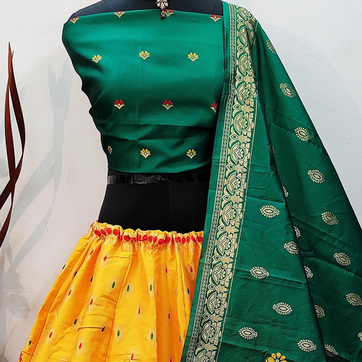 Lime green brocade lehenga with an asymmetrical drape blouse embellished  with handmade floral chains and lehenga draped to resemble the… | Instagram