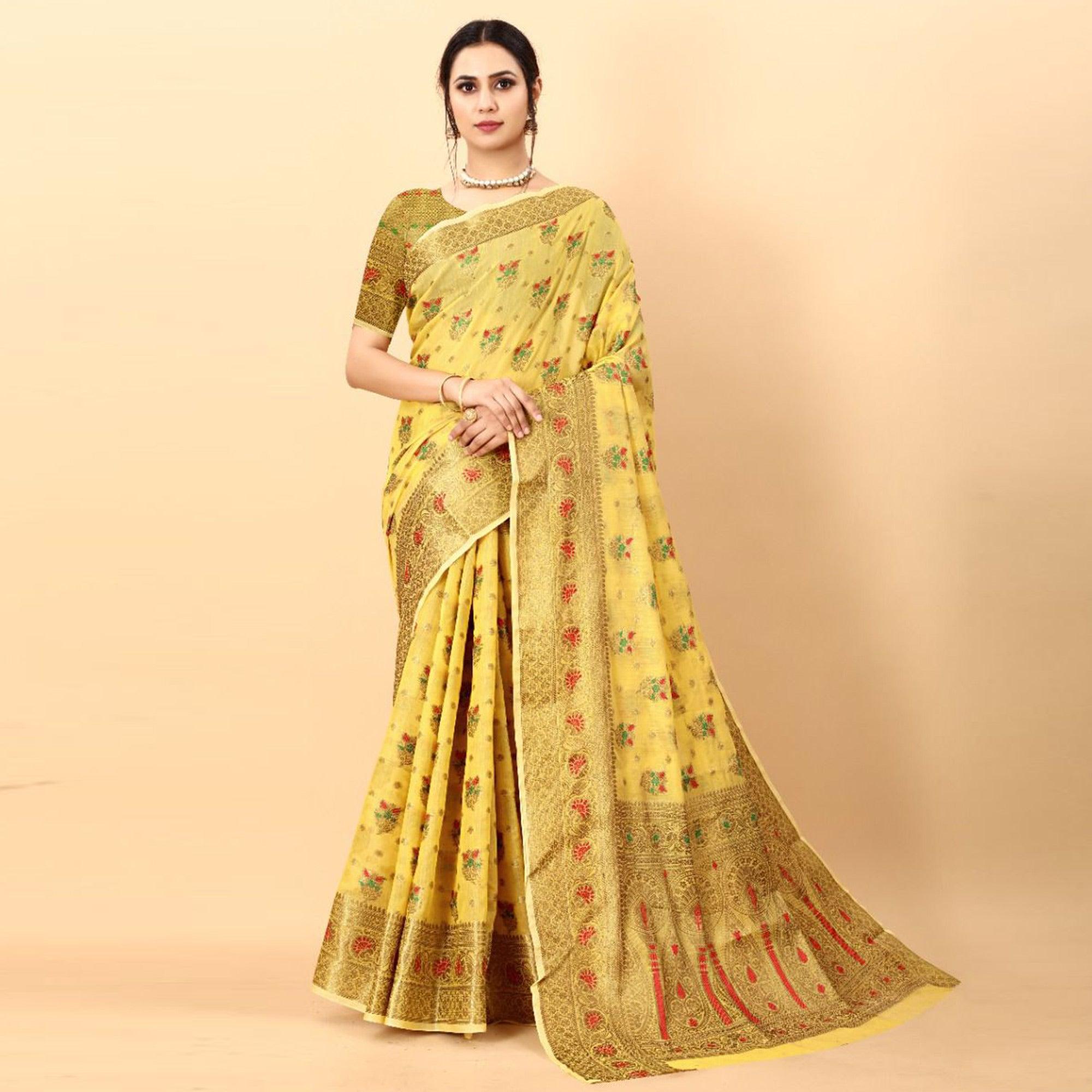 Yellow Festive Wear Woven Heavy Cotton Saree - Peachmode