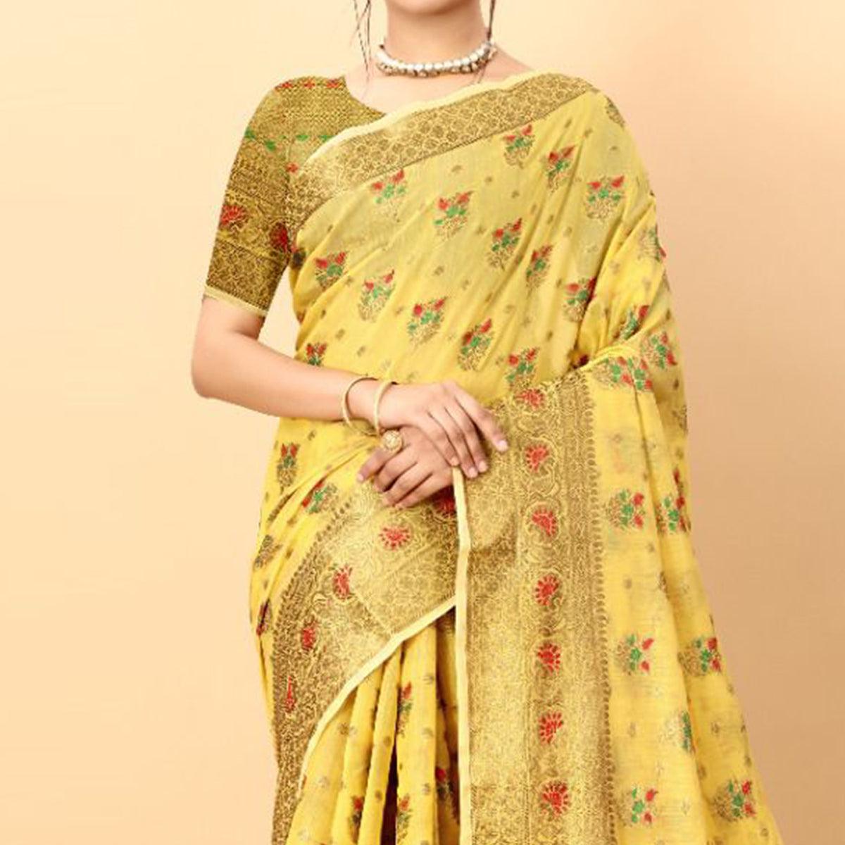 Yellow Festive Wear Woven Heavy Cotton Saree - Peachmode