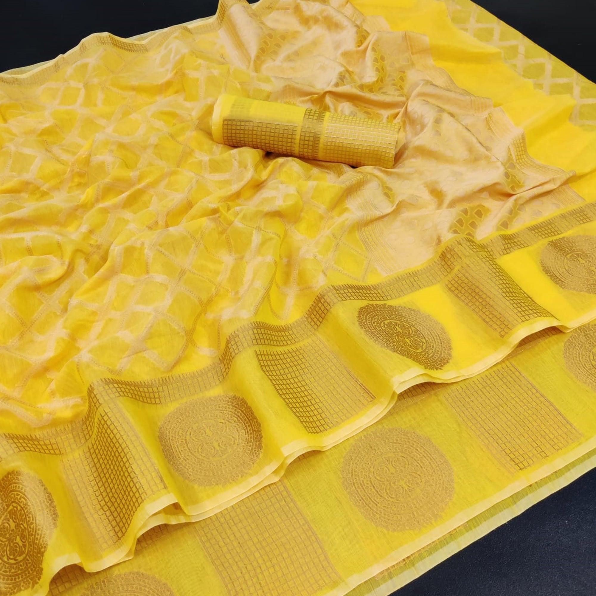 Yellow Festive Wear Woven Jacquard Banarasi Saree - Peachmode