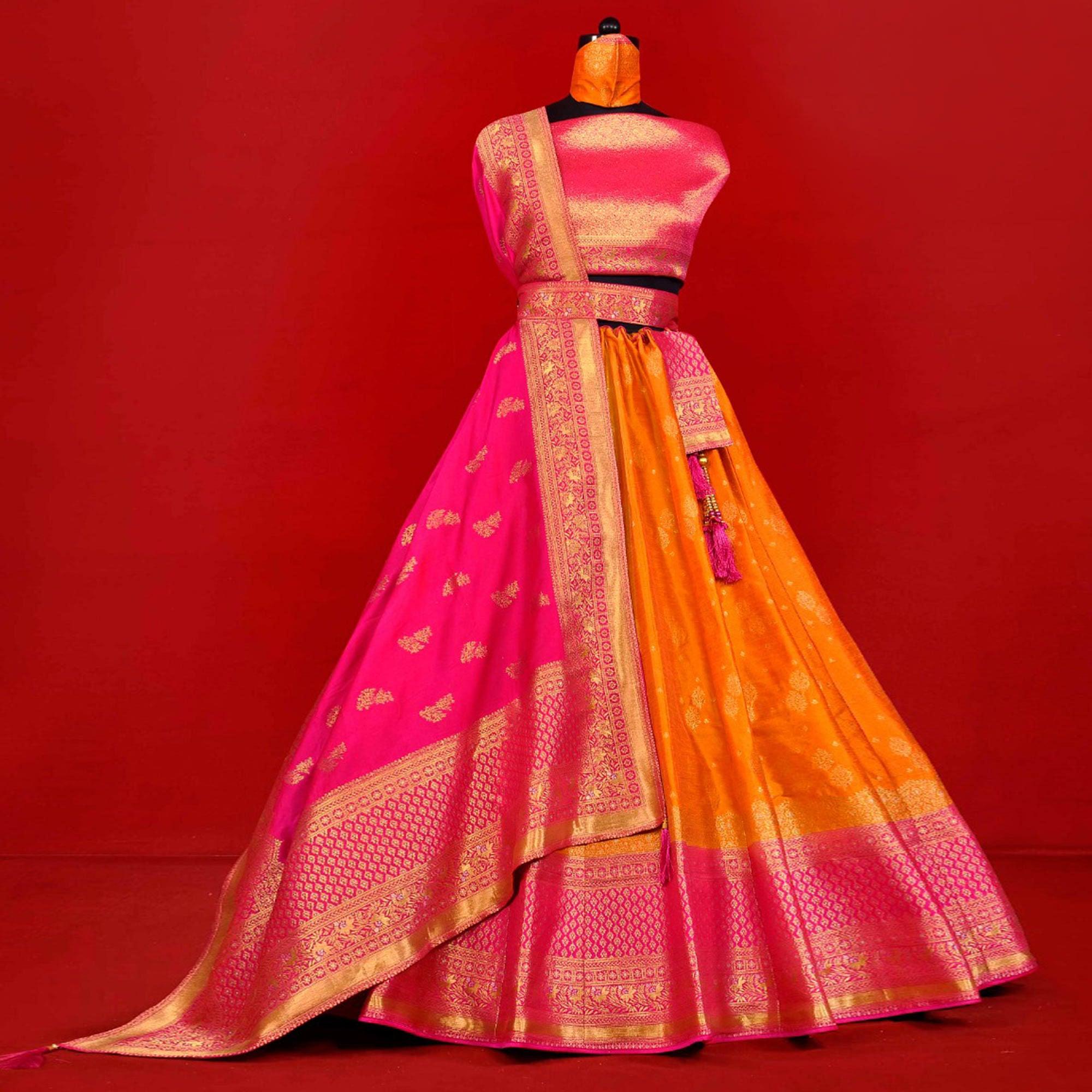 Yellow Festive Wear Woven Jacquard Lehenga Choli - Peachmode