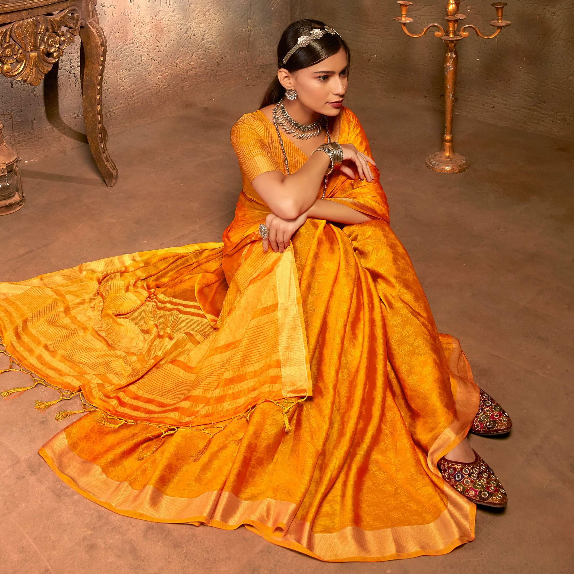 Yellow Festive Wear Woven Jacquard Saree - Peachmode