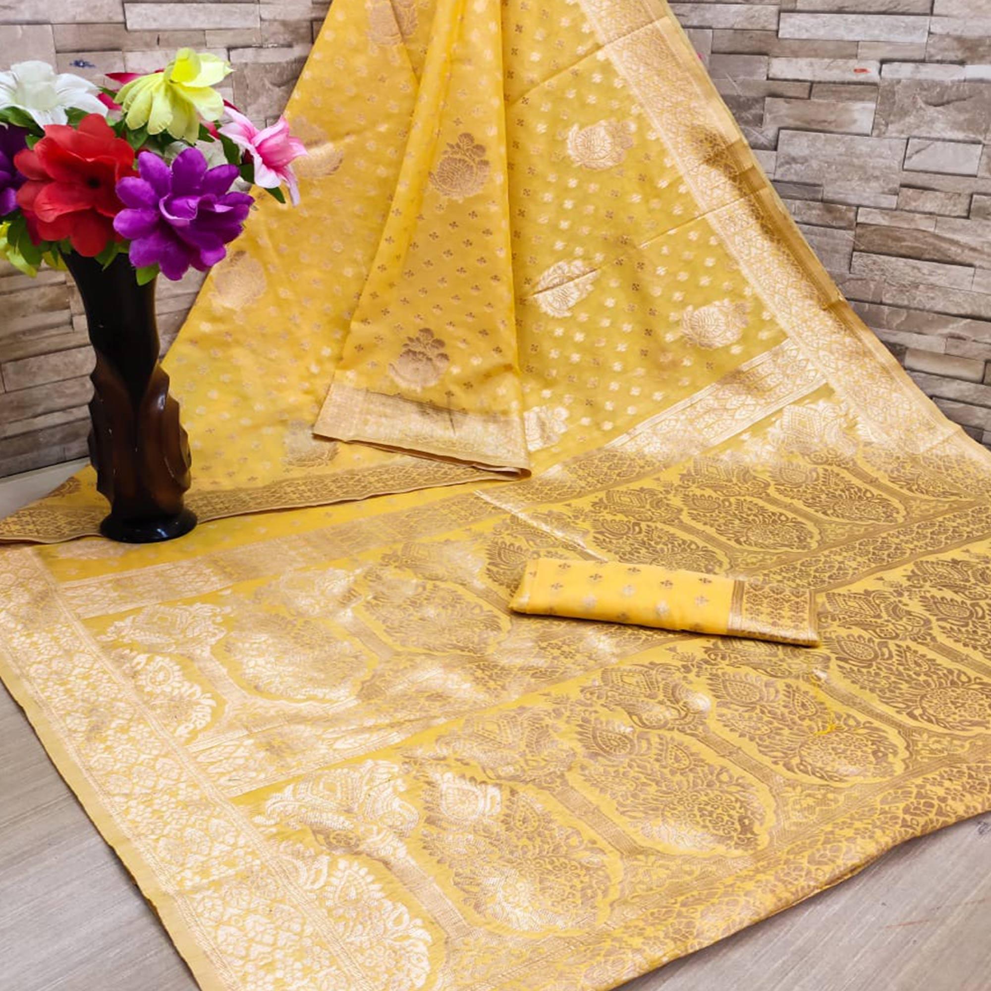 Yellow Festive Wear Woven Jacquard Silk Saree - Peachmode