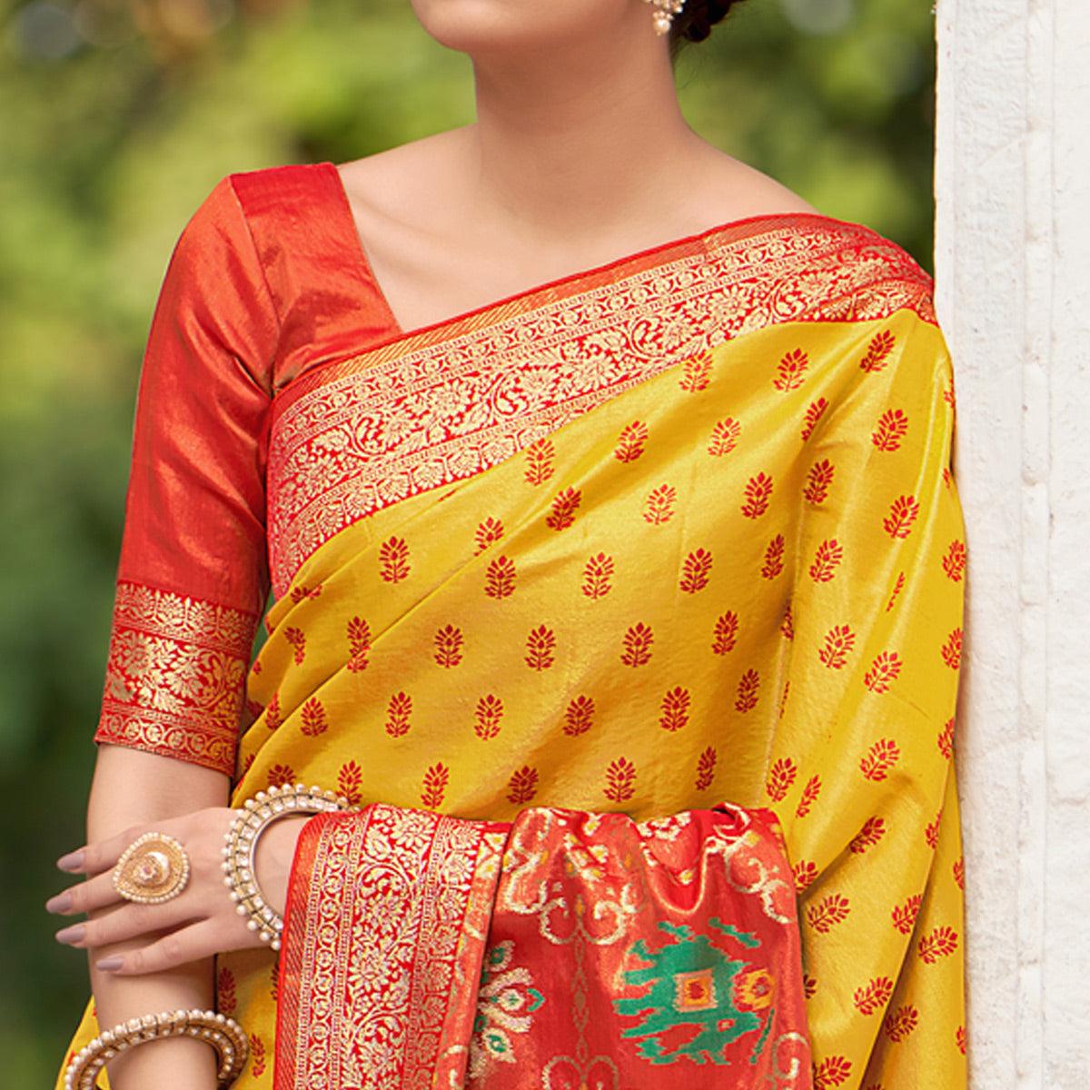 Yellow Festive Wear Woven Kanjivaram Silk Saree - Peachmode