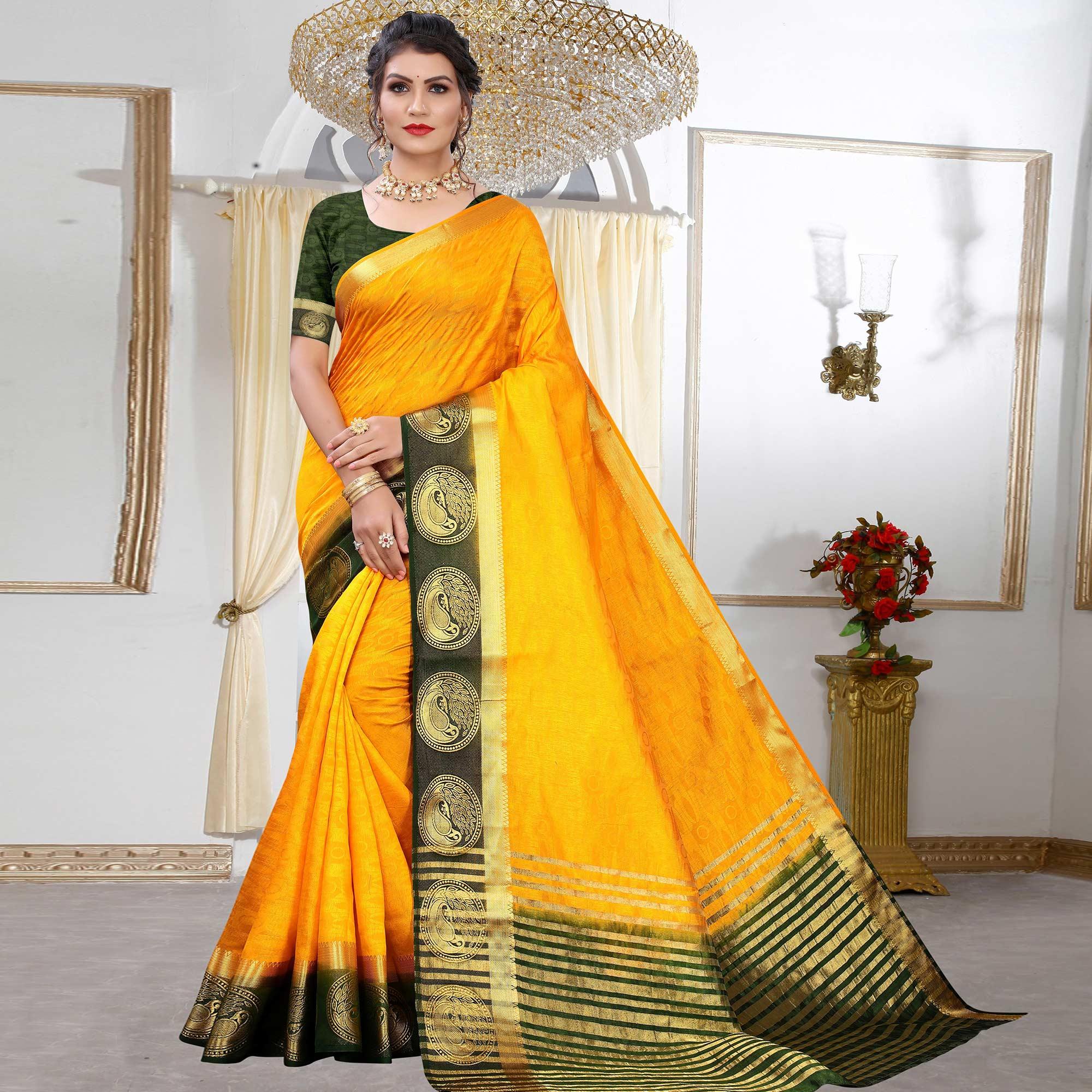 Yellow Festive Wear Woven Kanjiwaram Art Silk Saree - Peachmode