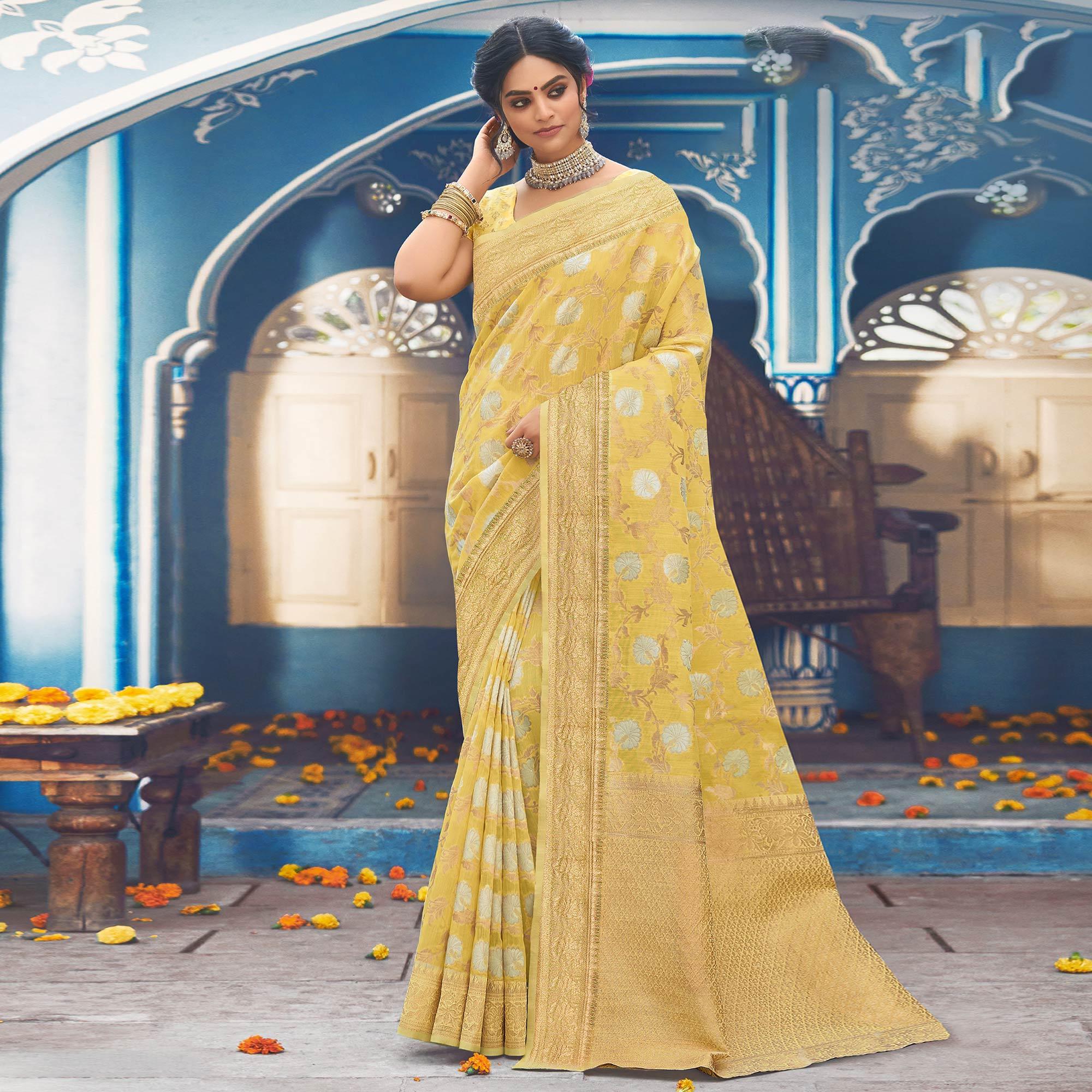 Yellow Festive Wear Woven Linen Saree - Peachmode