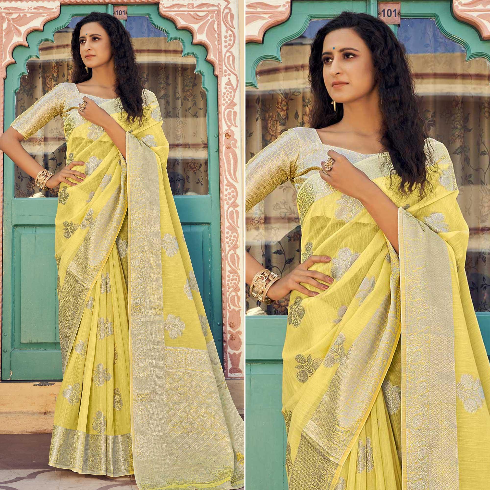 Yellow Festive Wear Woven Linen Saree - Peachmode