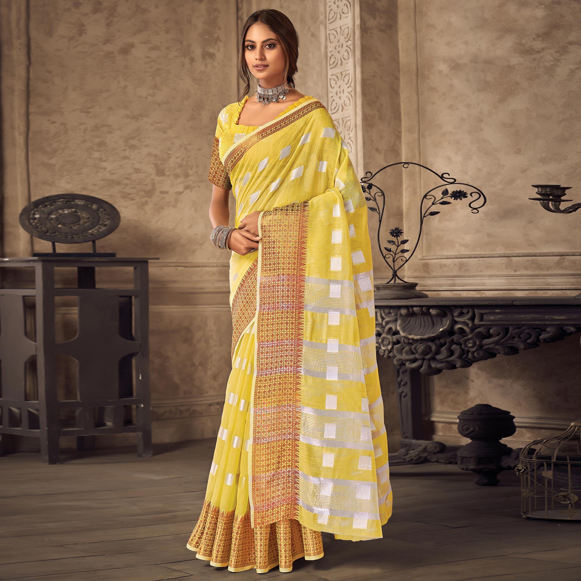 Yellow Festive Wear Woven Linen Saree - Peachmode
