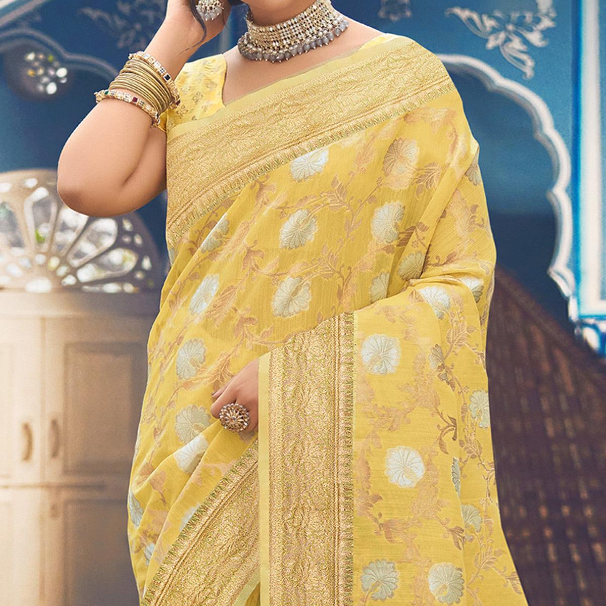 Yellow Festive Wear Woven Linen Saree - Peachmode