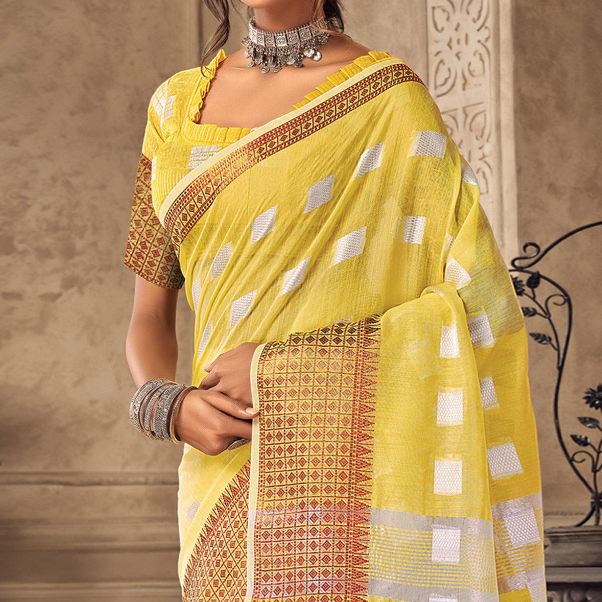 Yellow Festive Wear Woven Linen Saree - Peachmode