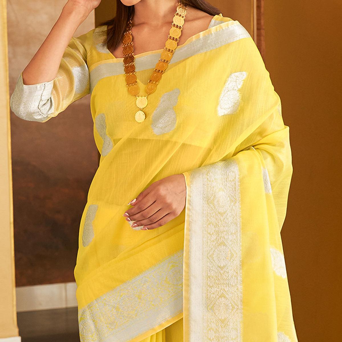Yellow Festive Wear Woven Linen Saree - Peachmode
