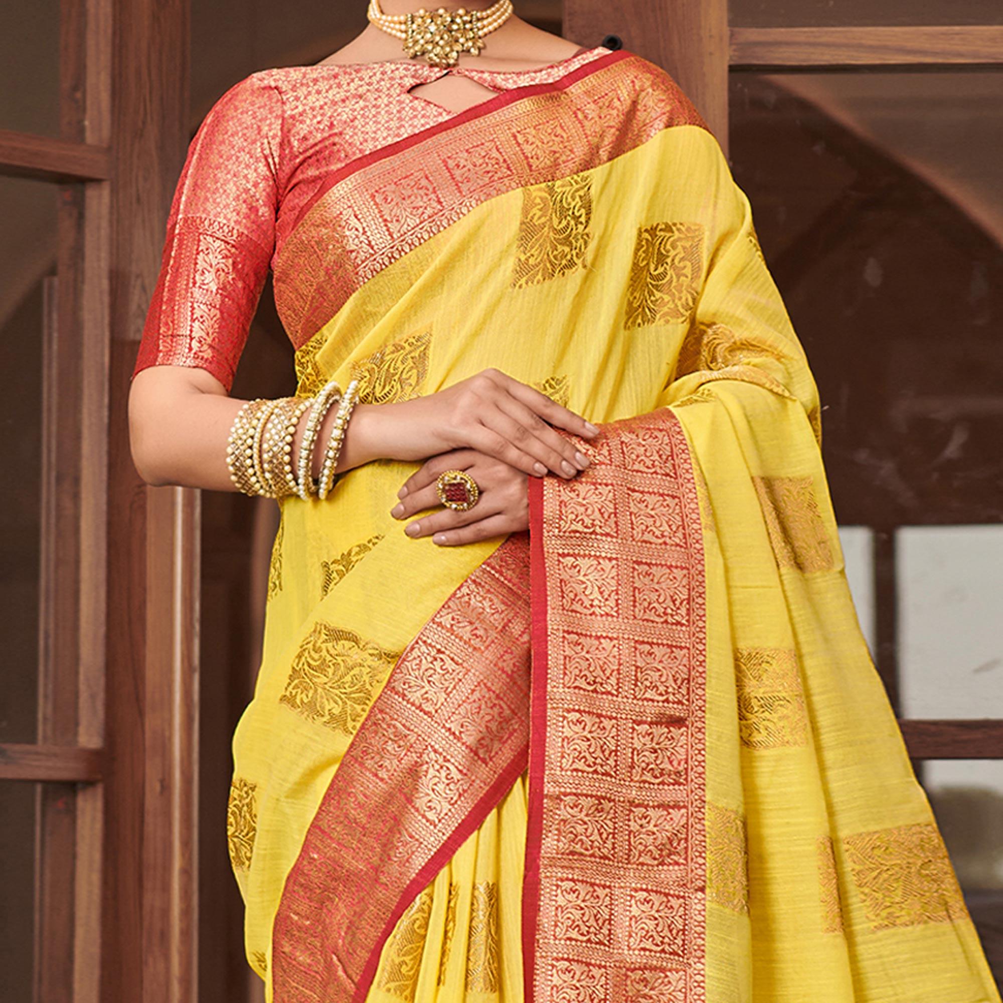 Yellow Festive Wear Woven Linen Saree - Peachmode