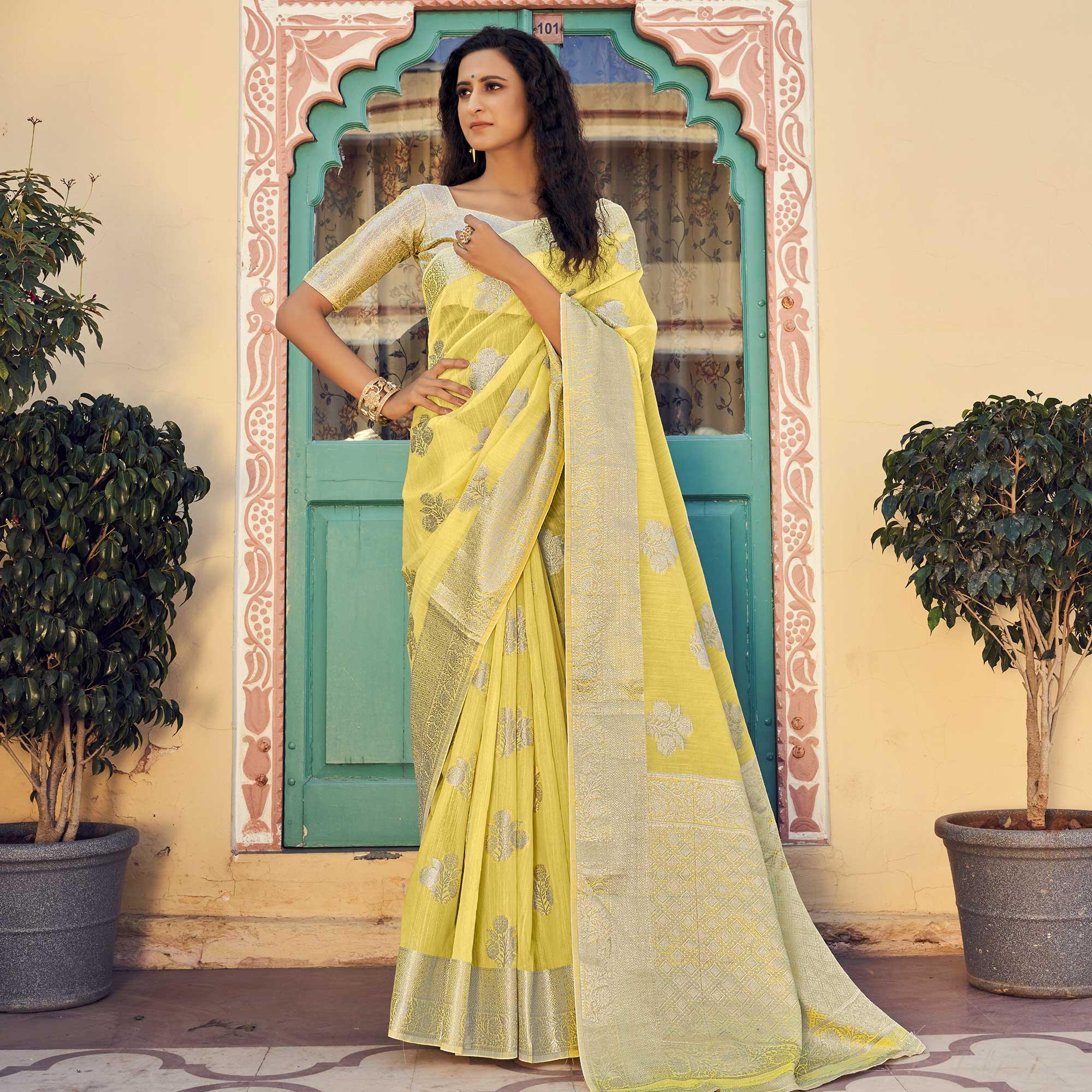Yellow Festive Wear Woven Linen Saree - Peachmode