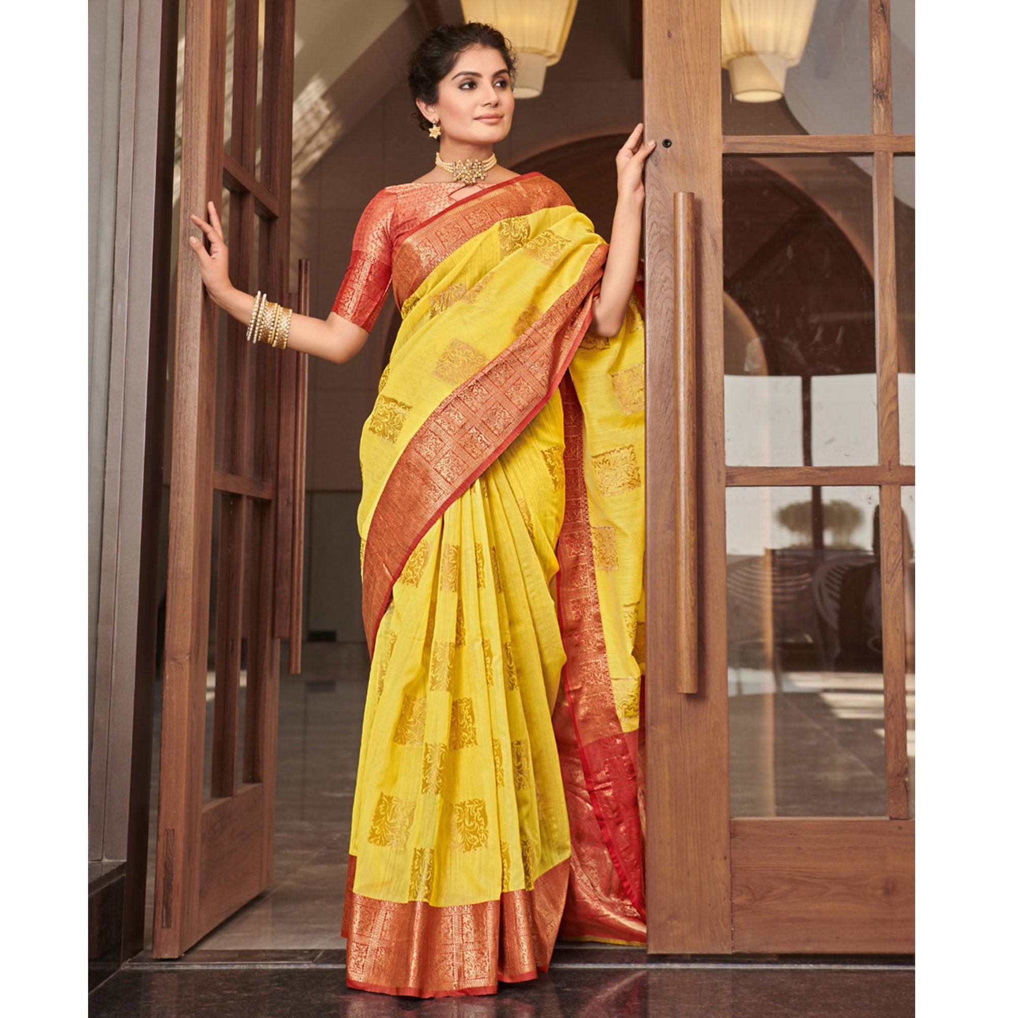 Yellow Festive Wear Woven Linen Saree - Peachmode