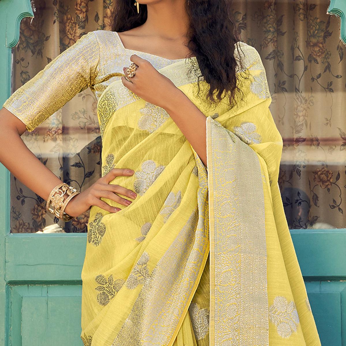 Yellow Festive Wear Woven Linen Saree - Peachmode