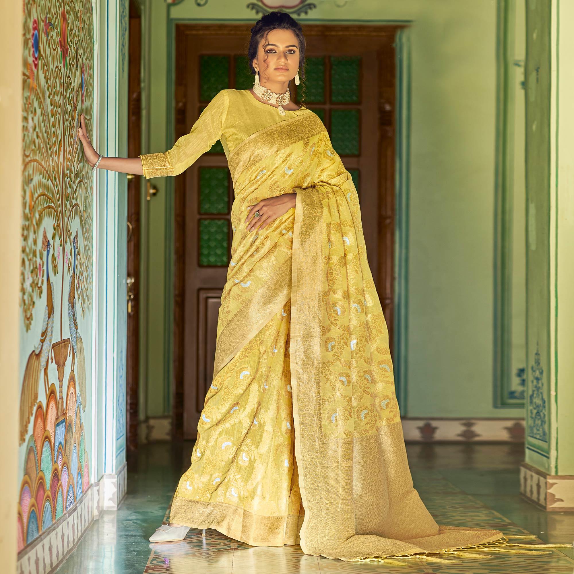 Yellow Festive Wear Woven Linen Saree - Peachmode