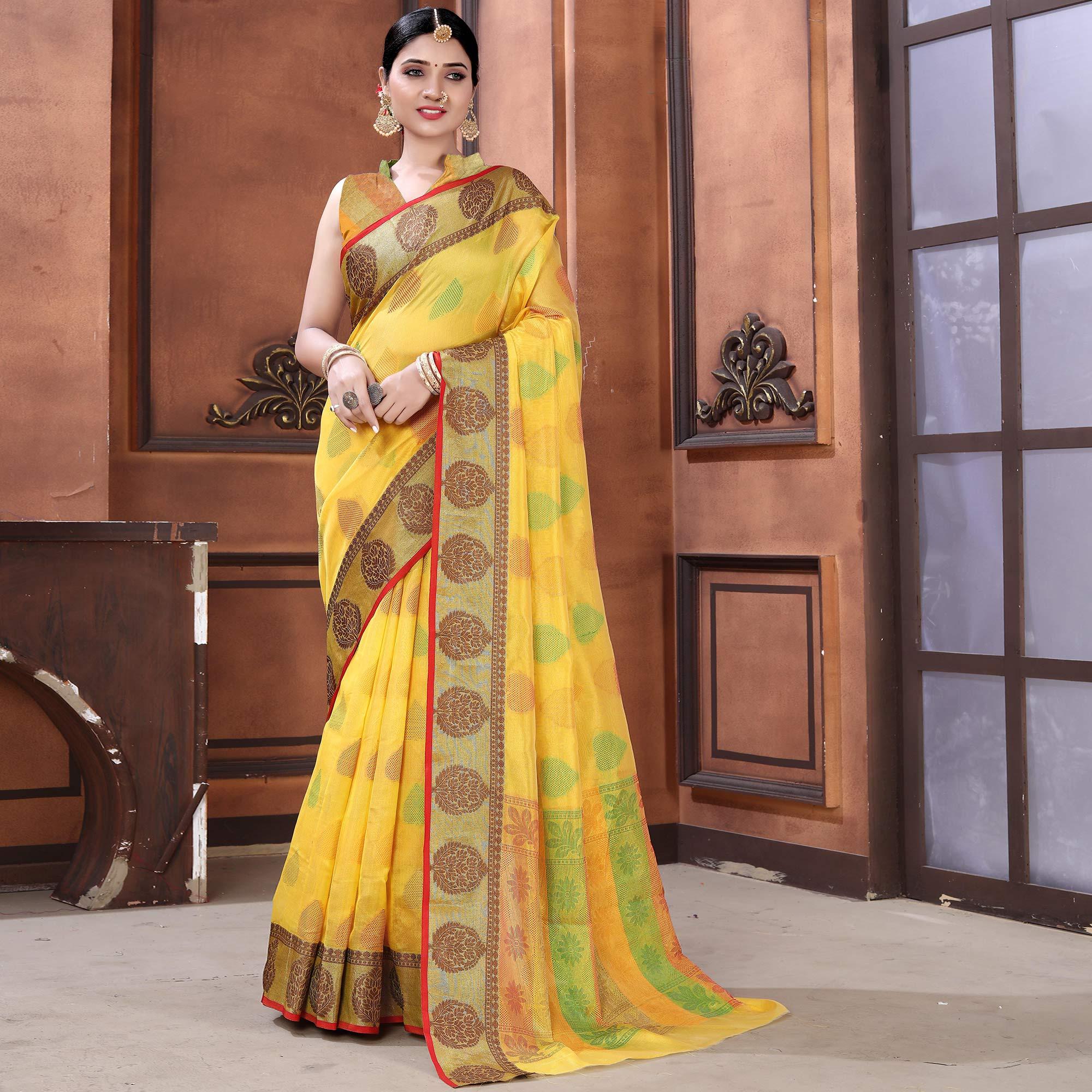 Yellow Festive Wear Woven Organza Saree - Peachmode