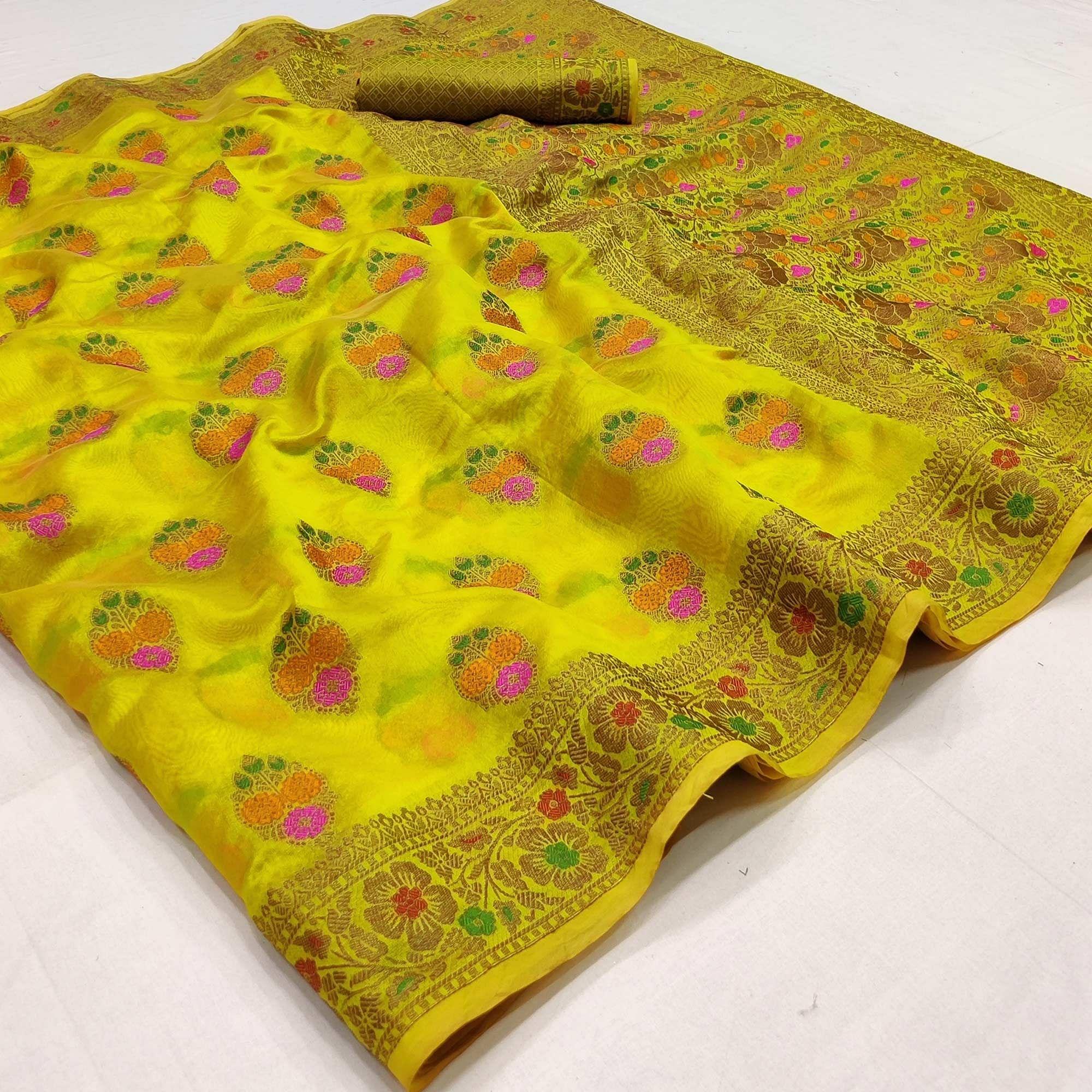 Yellow Festive Wear Woven Organza Saree - Peachmode