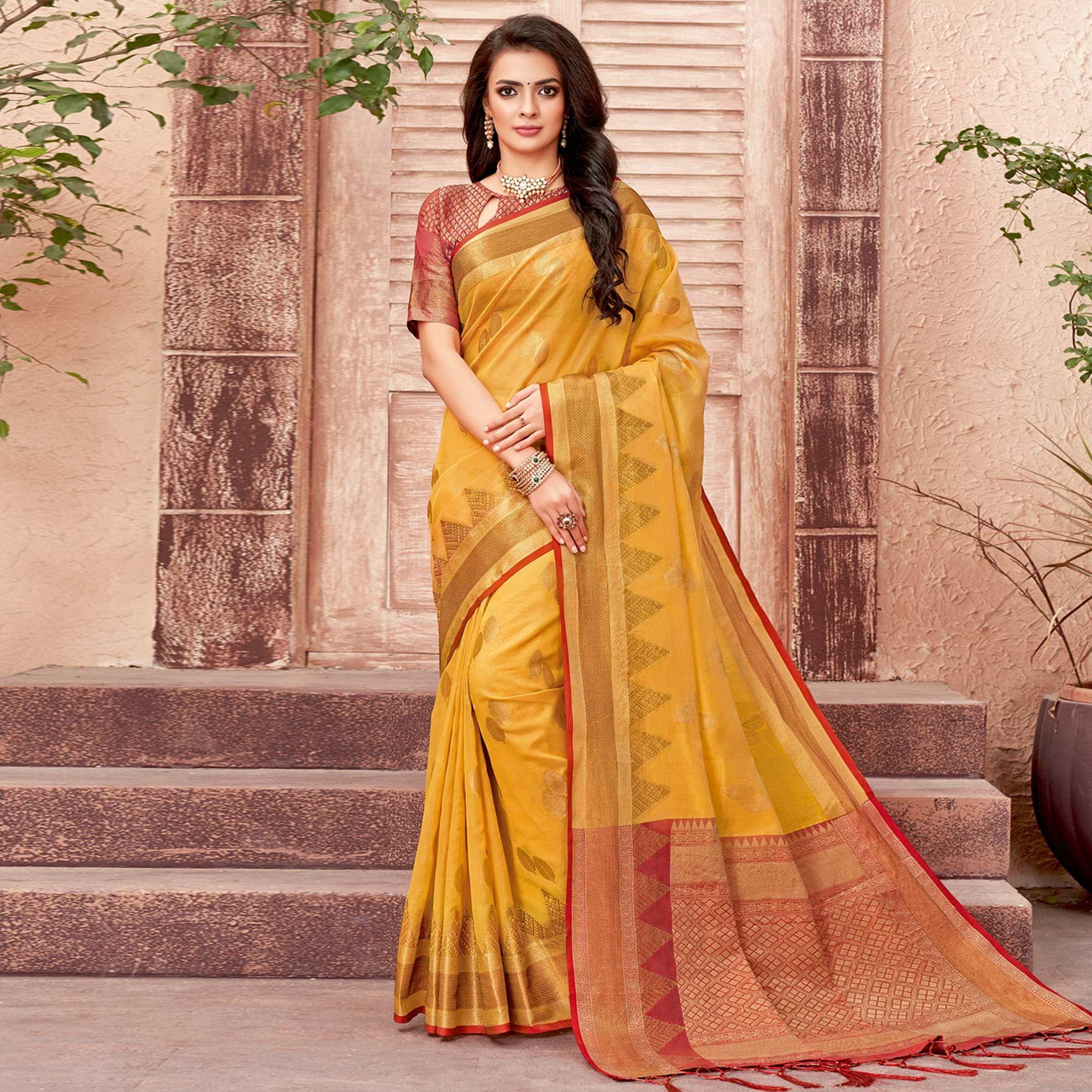 Yellow Festive Wear Woven Organza Saree - Peachmode