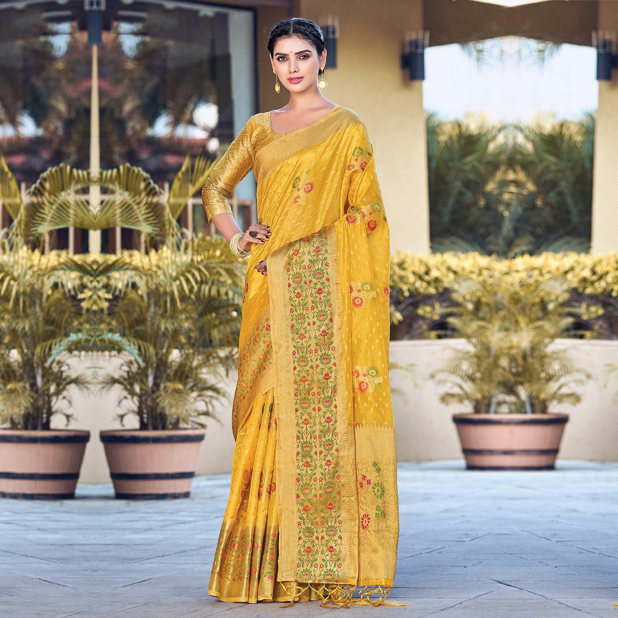 Yellow Festive Wear Woven Organza Saree - Peachmode