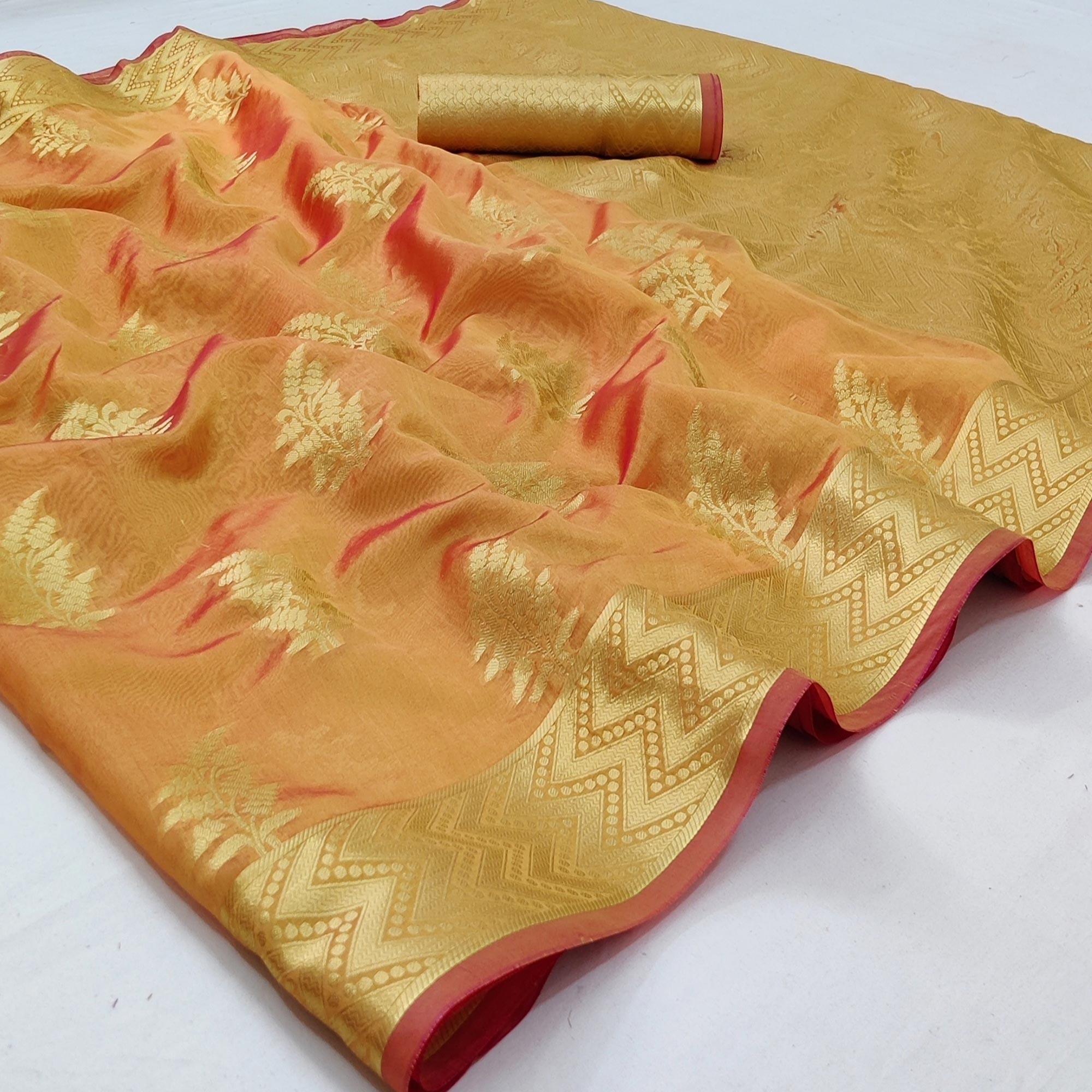 Yellow Festive Wear Woven Organza Saree - Peachmode