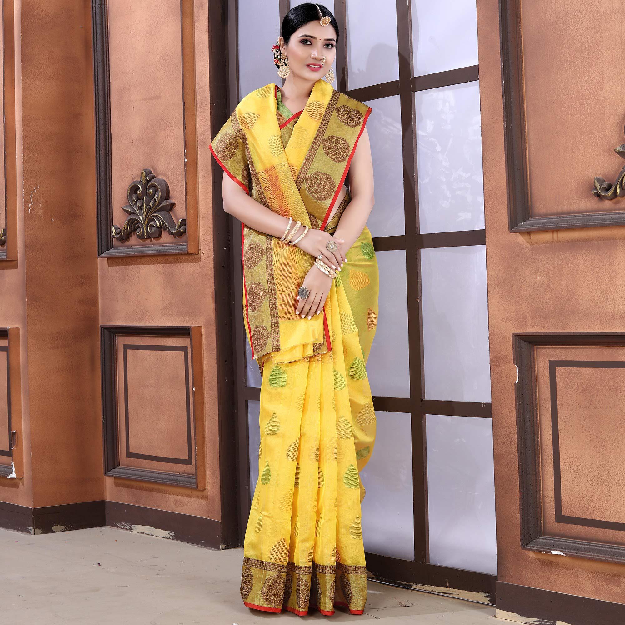 Yellow Festive Wear Woven Organza Saree - Peachmode