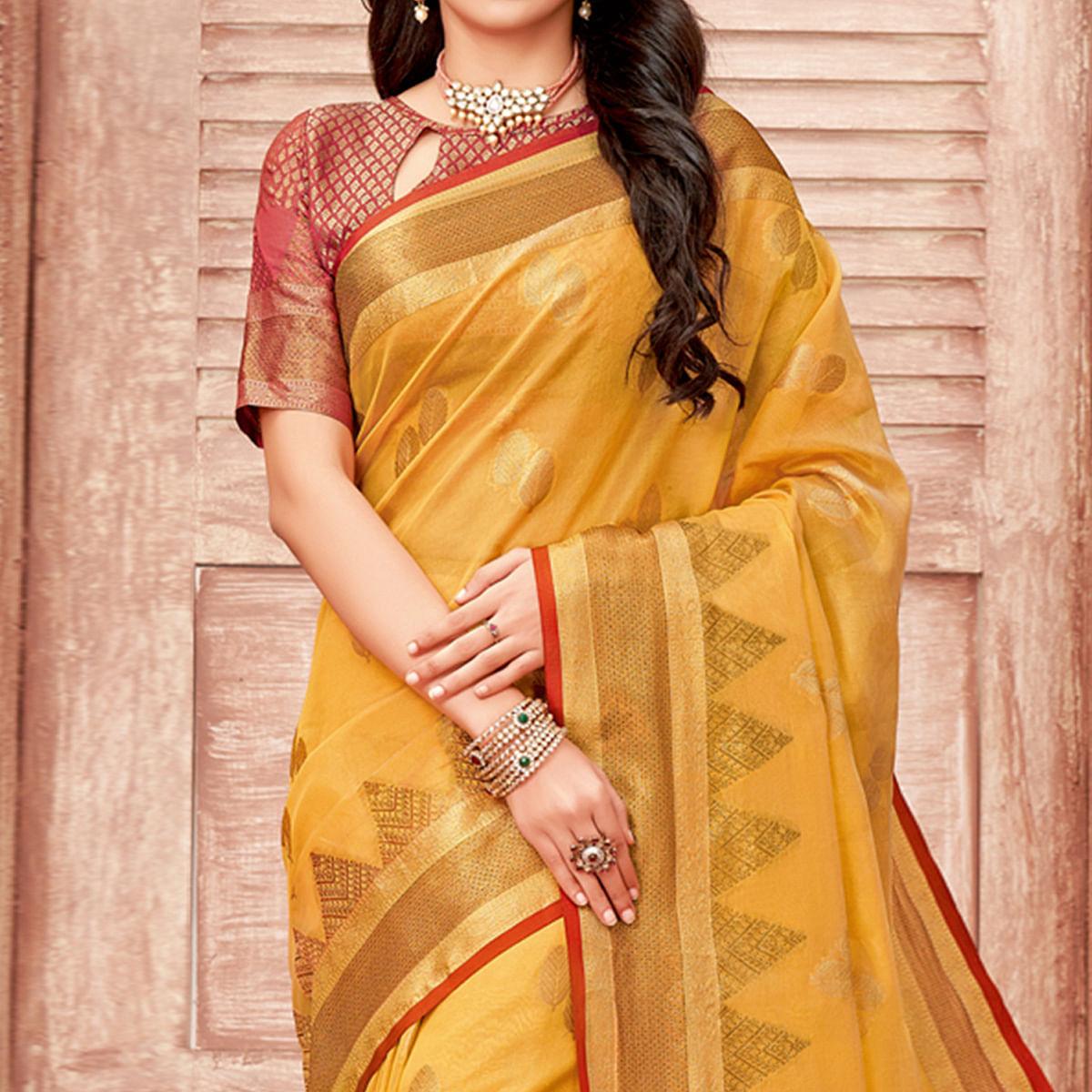 Yellow Festive Wear Woven Organza Saree - Peachmode