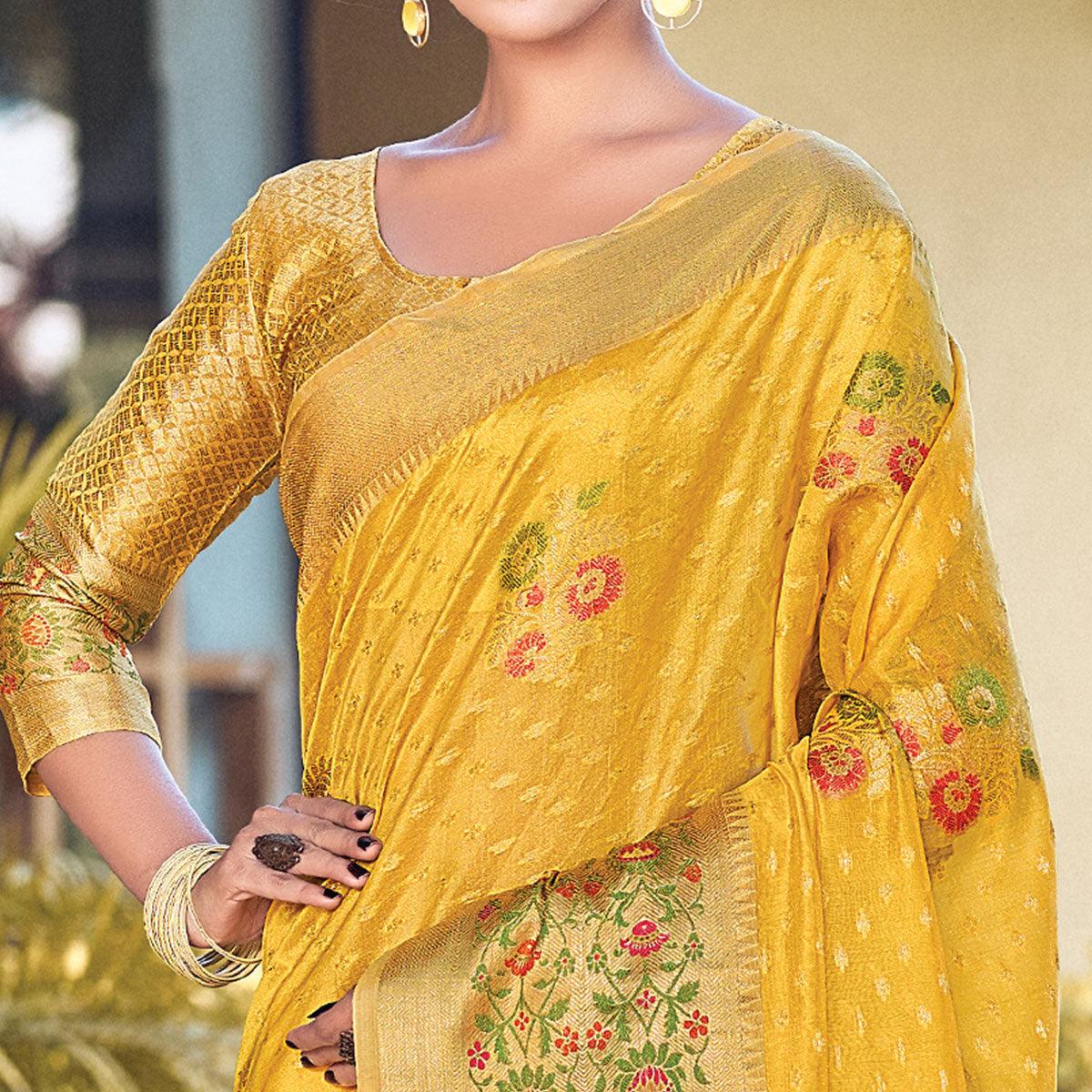 Yellow Festive Wear Woven Organza Saree - Peachmode