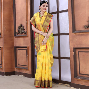 Yellow Festive Wear Woven Organza Saree - Peachmode