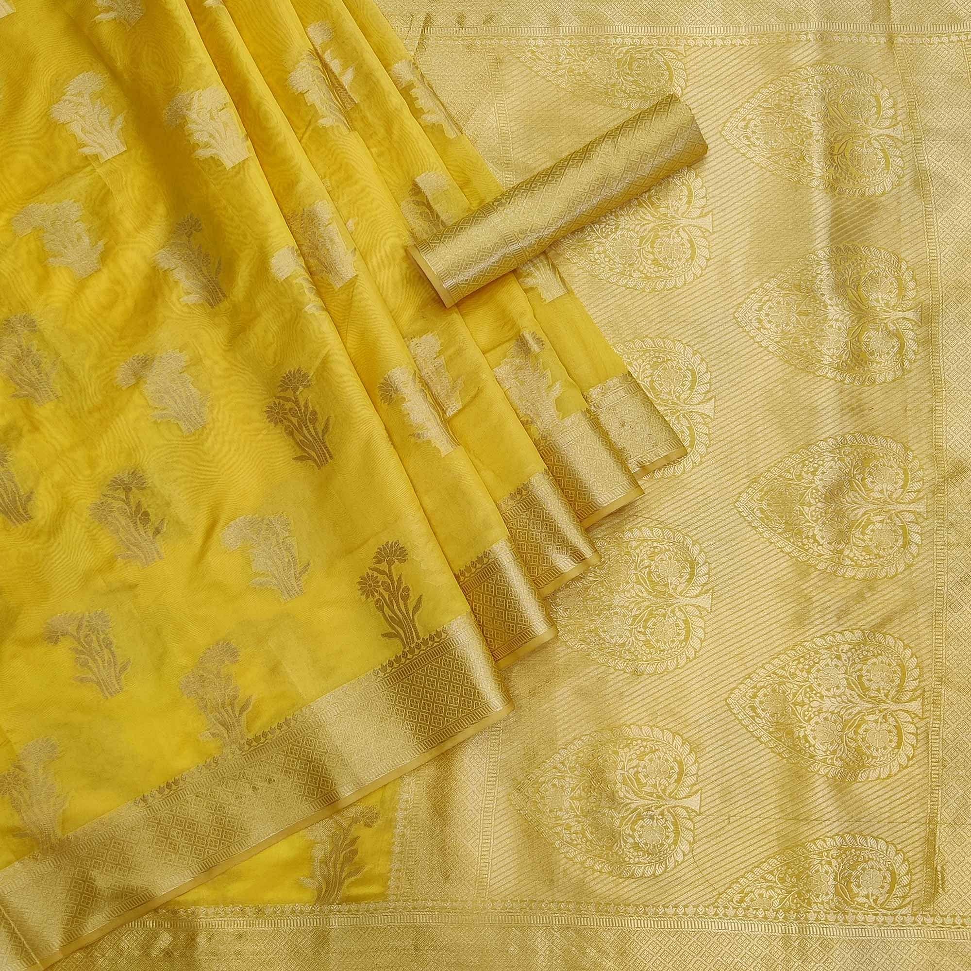 Yellow Festive Wear Woven Organza Saree - Peachmode