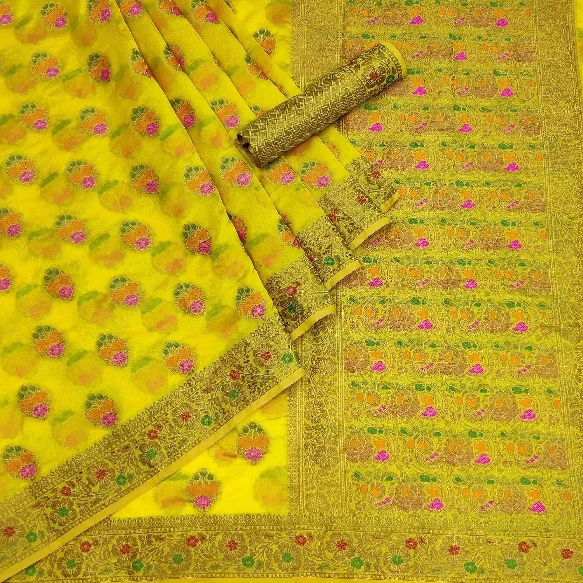 Yellow Festive Wear Woven Organza Saree - Peachmode