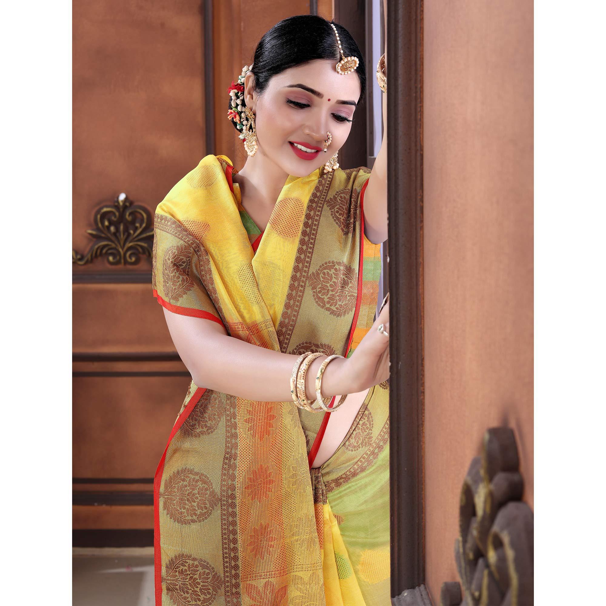 Yellow Woven With Embellished Organza Saree With Tassels