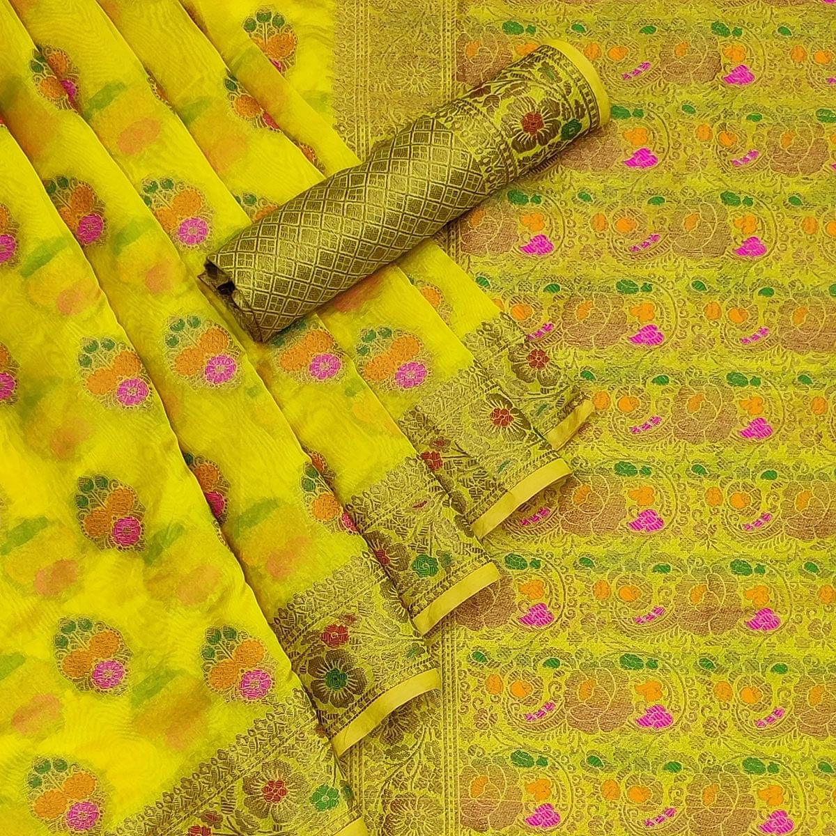 Yellow Festive Wear Woven Organza Saree - Peachmode