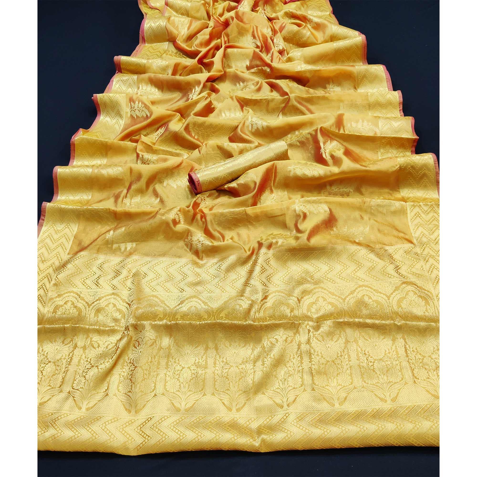 Yellow Festive Wear Woven Organza Saree - Peachmode