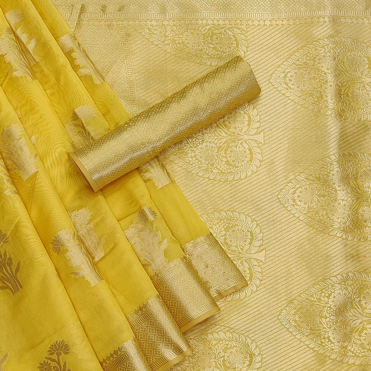 Yellow Festive Wear Woven Organza Saree - Peachmode