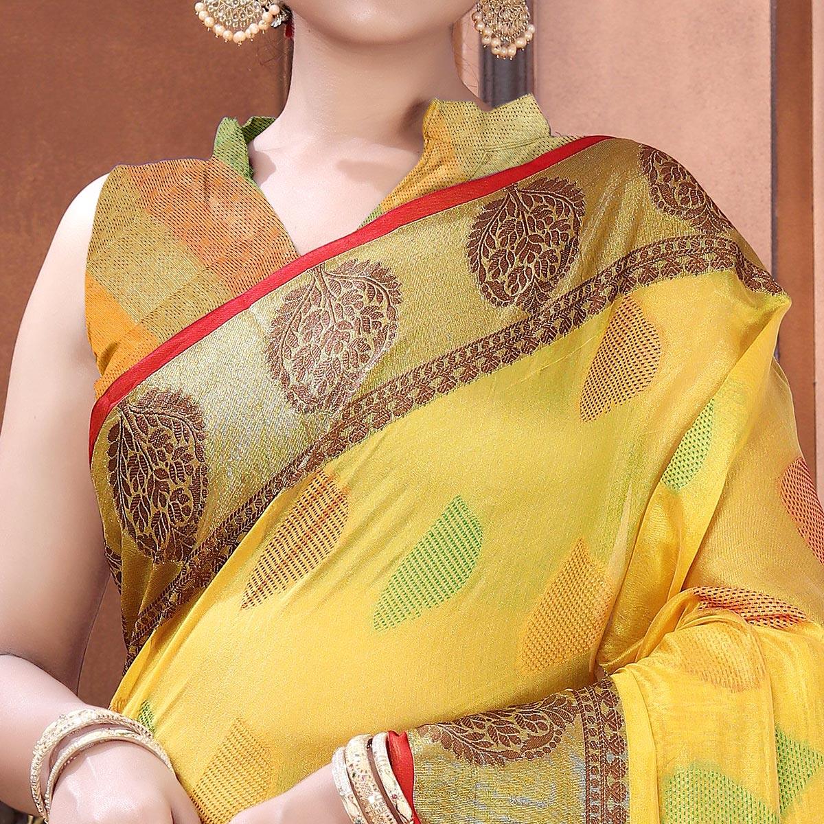 Yellow Festive Wear Woven Organza Saree - Peachmode