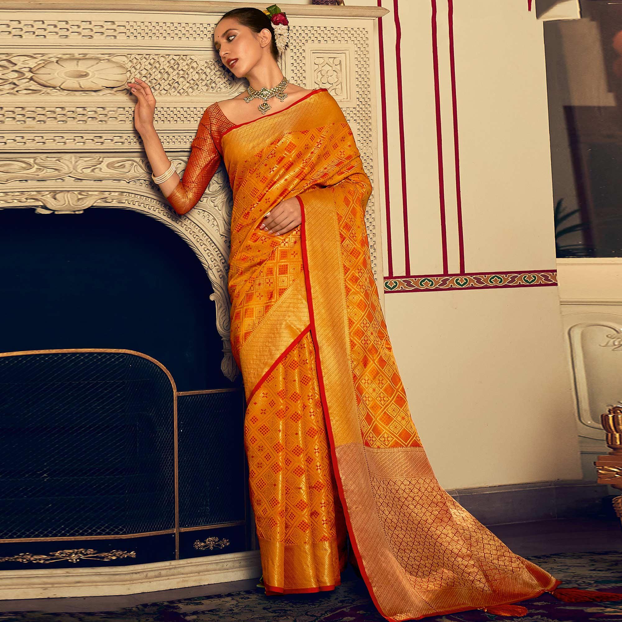 Yellow Festive Wear Woven Patola Silk Saree - Peachmode