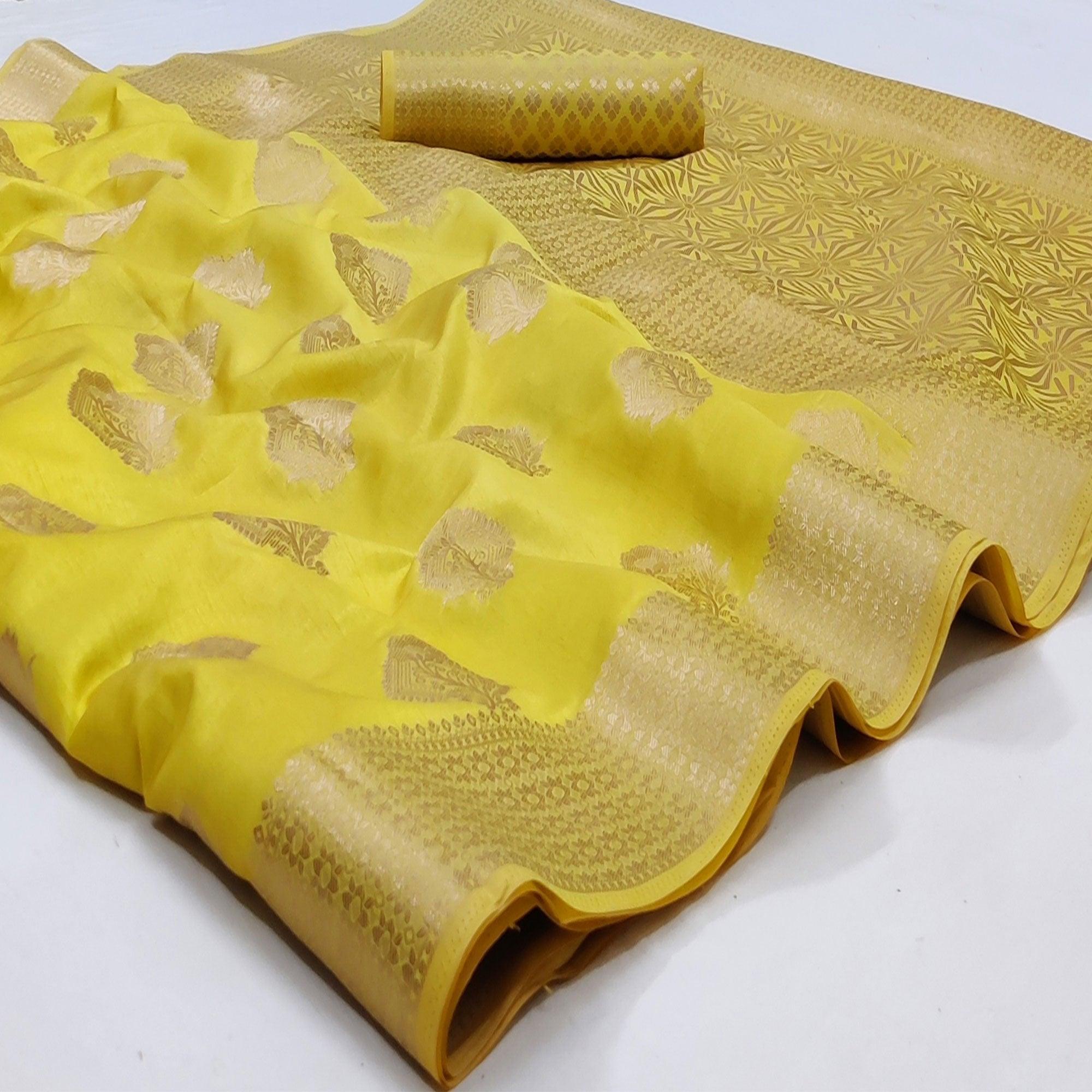 Yellow Festive Wear Woven Pure Art Silk Saree - Peachmode