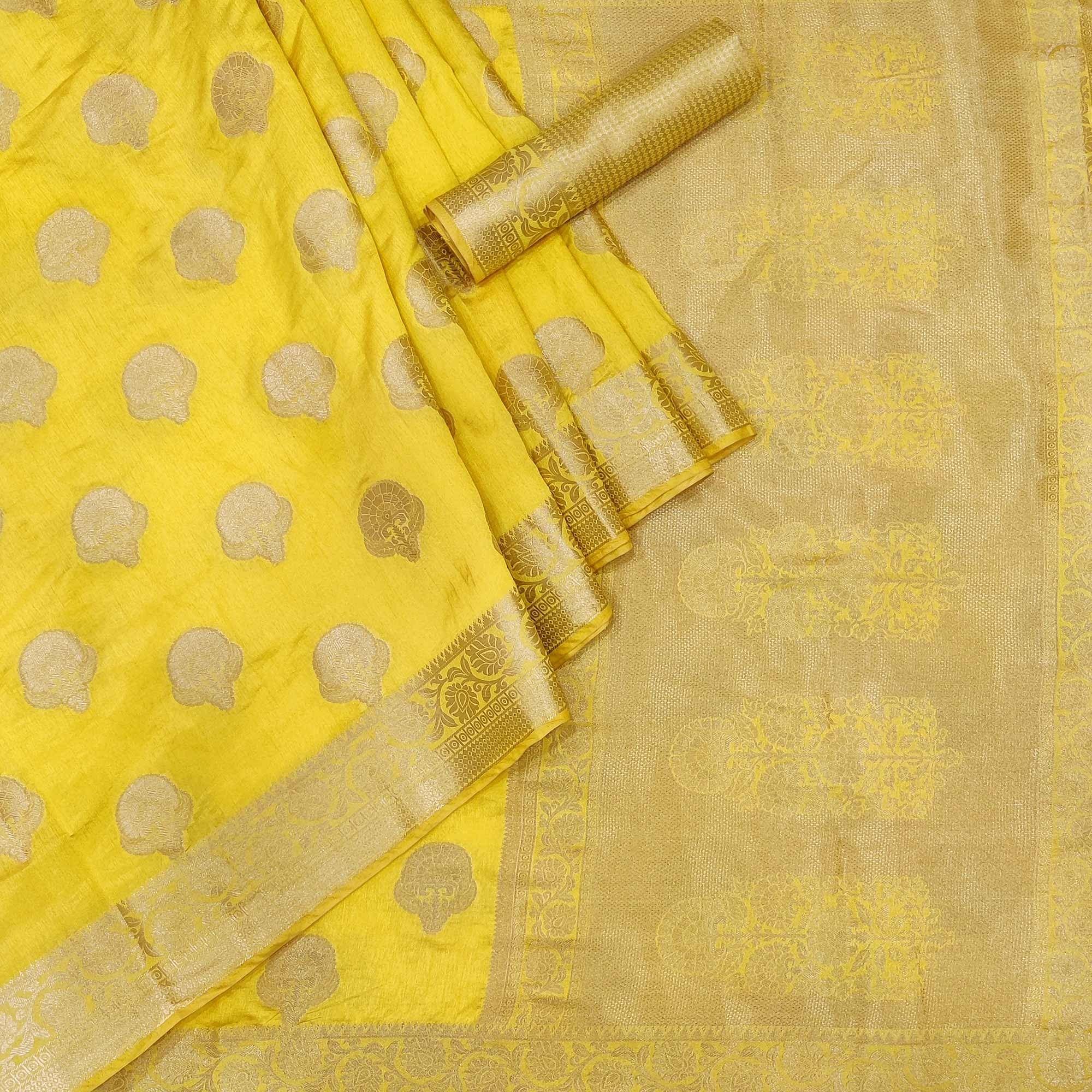 Yellow Festive Wear Woven Raw Silk Saree - Peachmode