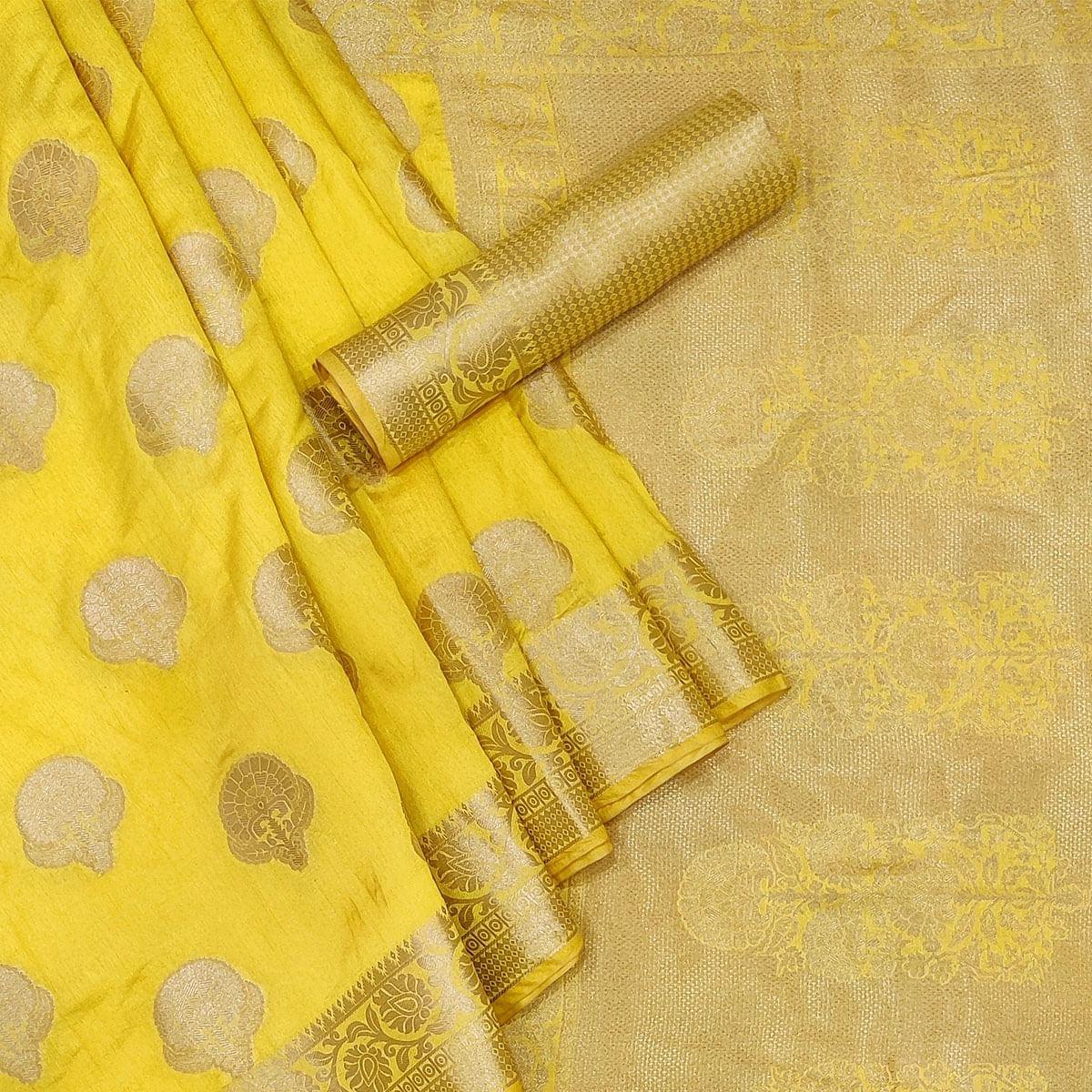 Yellow Festive Wear Woven Raw Silk Saree - Peachmode