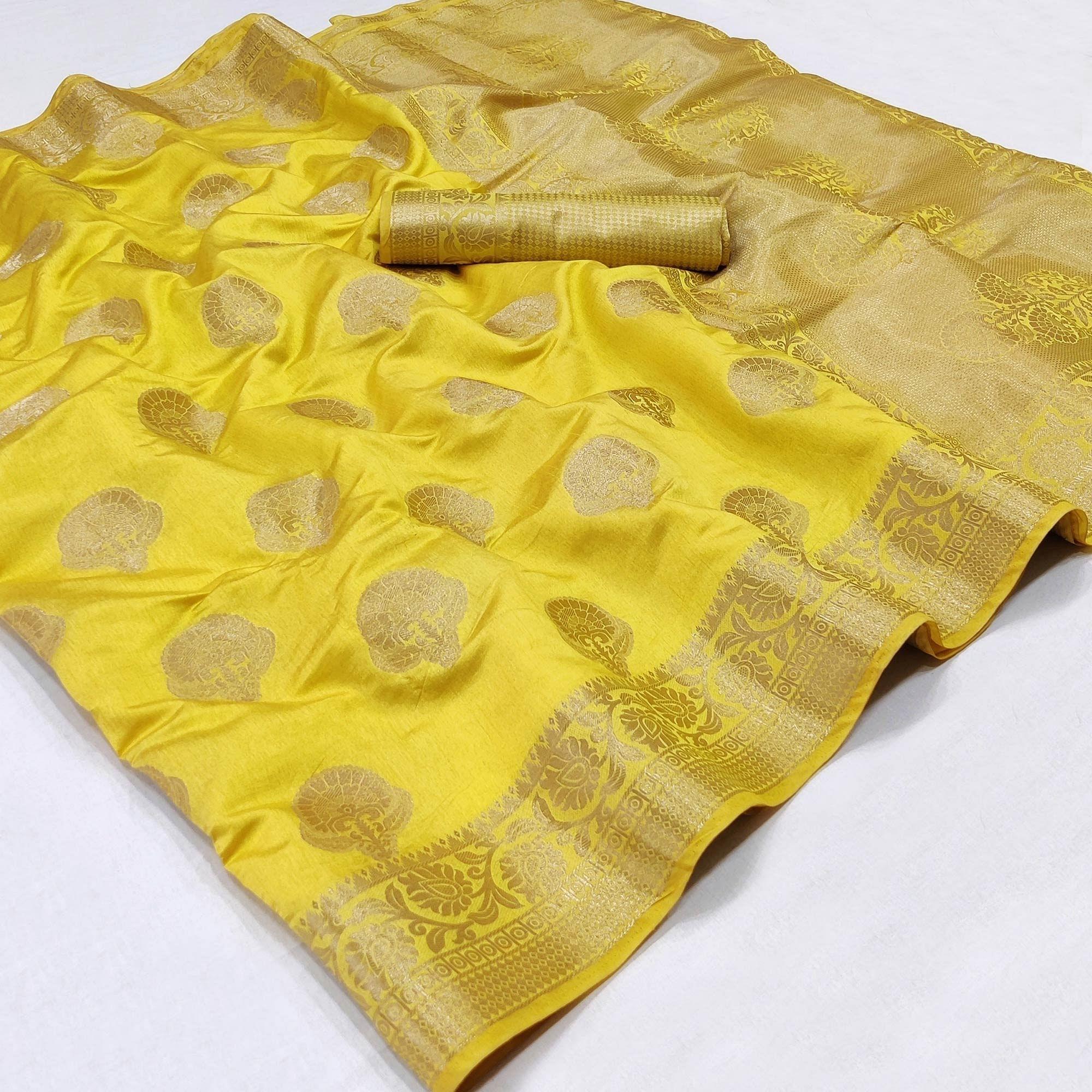 Yellow Festive Wear Woven Raw Silk Saree - Peachmode