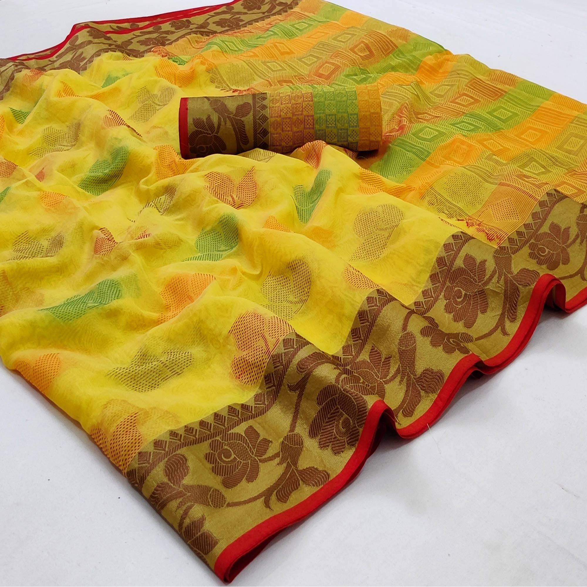 Yellow Festive Wear Woven Rich Pallu Organza Saree - Peachmode