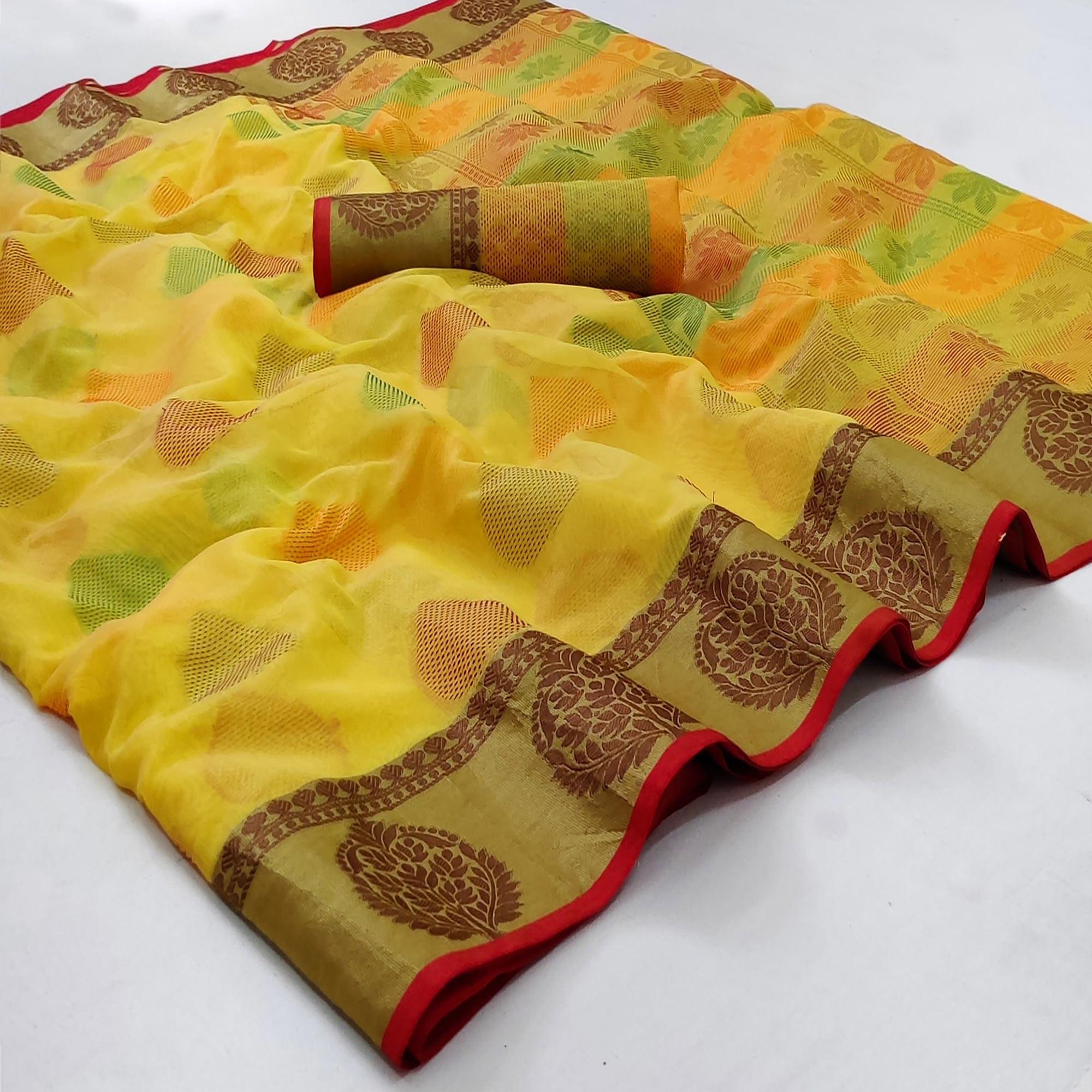 Yellow Festive Wear Woven Rich Pallu Organza Saree - Peachmode